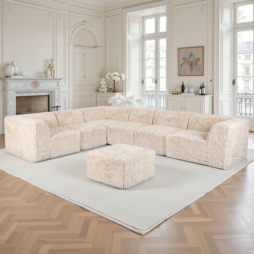 Soft sand  L-Sectional  Sofa with Ottoman –Main Image of the Compressed Foam Faux Fur Modular sofa