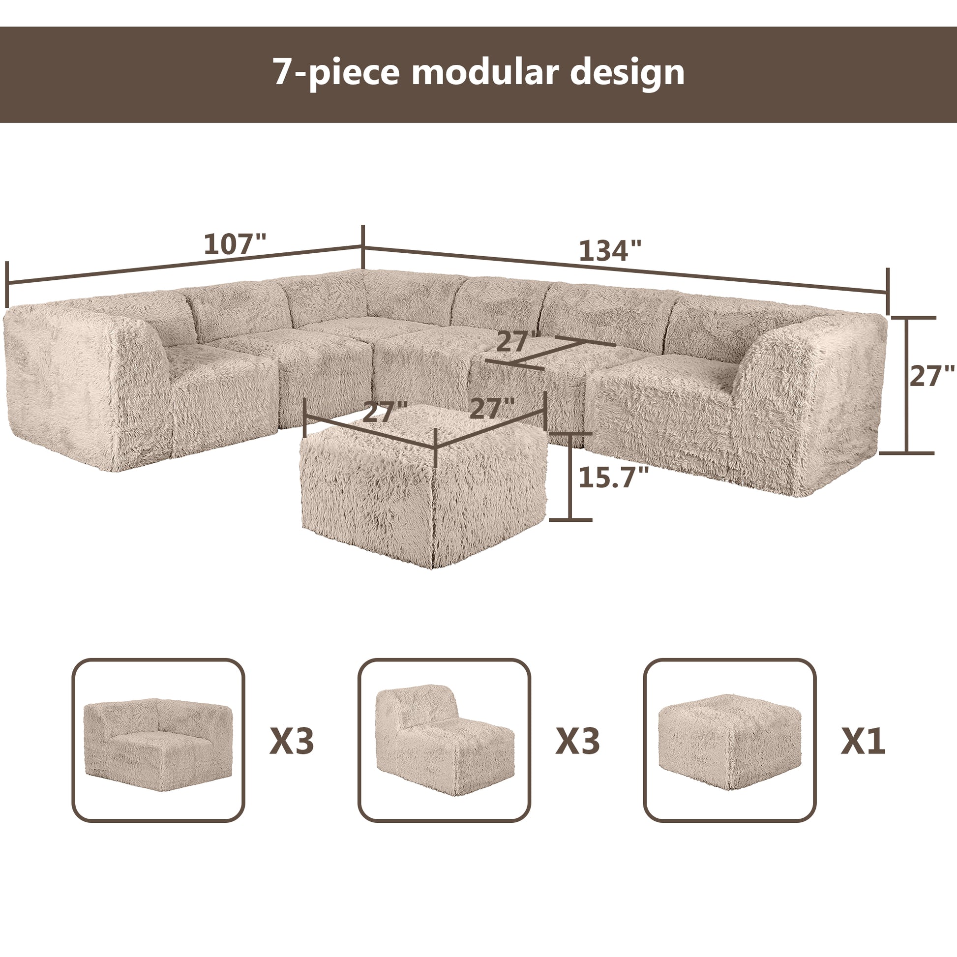 Taupe gray   L-Sectional  Sofa with Ottoman –Full product dimensions chart showing length, width, height, and modular components.