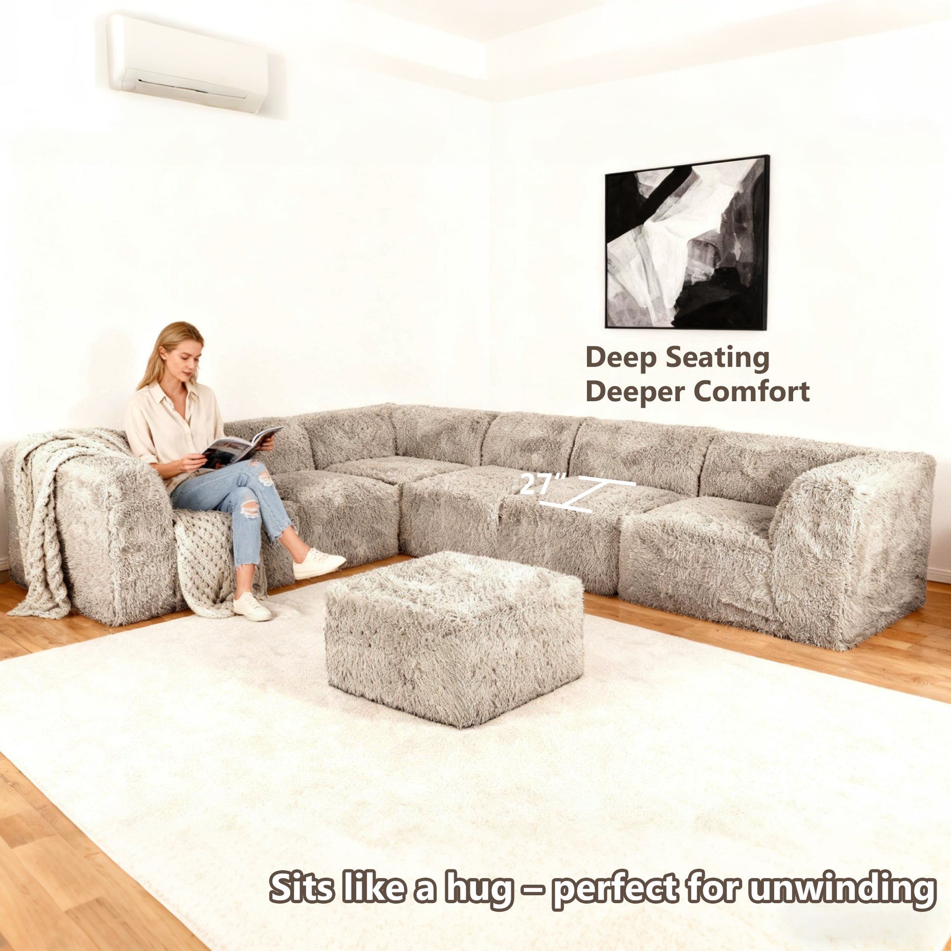Taupe gray   L-Sectional  Sofa with Ottoman showcases its deep seating design– a lady comfortably enjoys reading time on the sofa