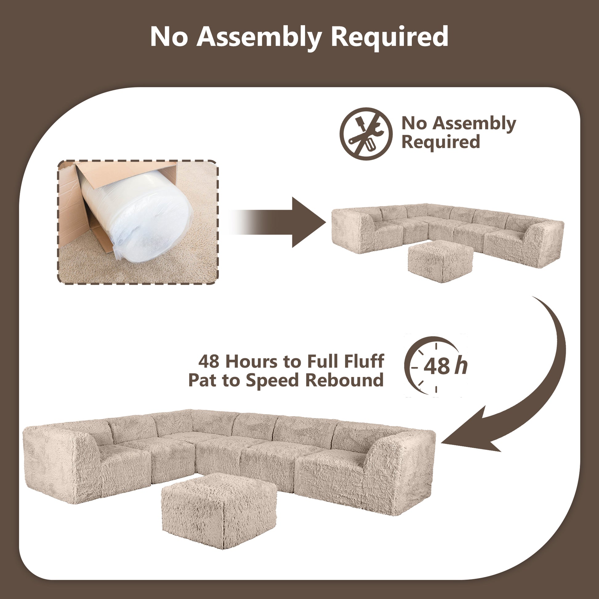 Taupe gray sofa comes in simple packaging and requires no assembly.