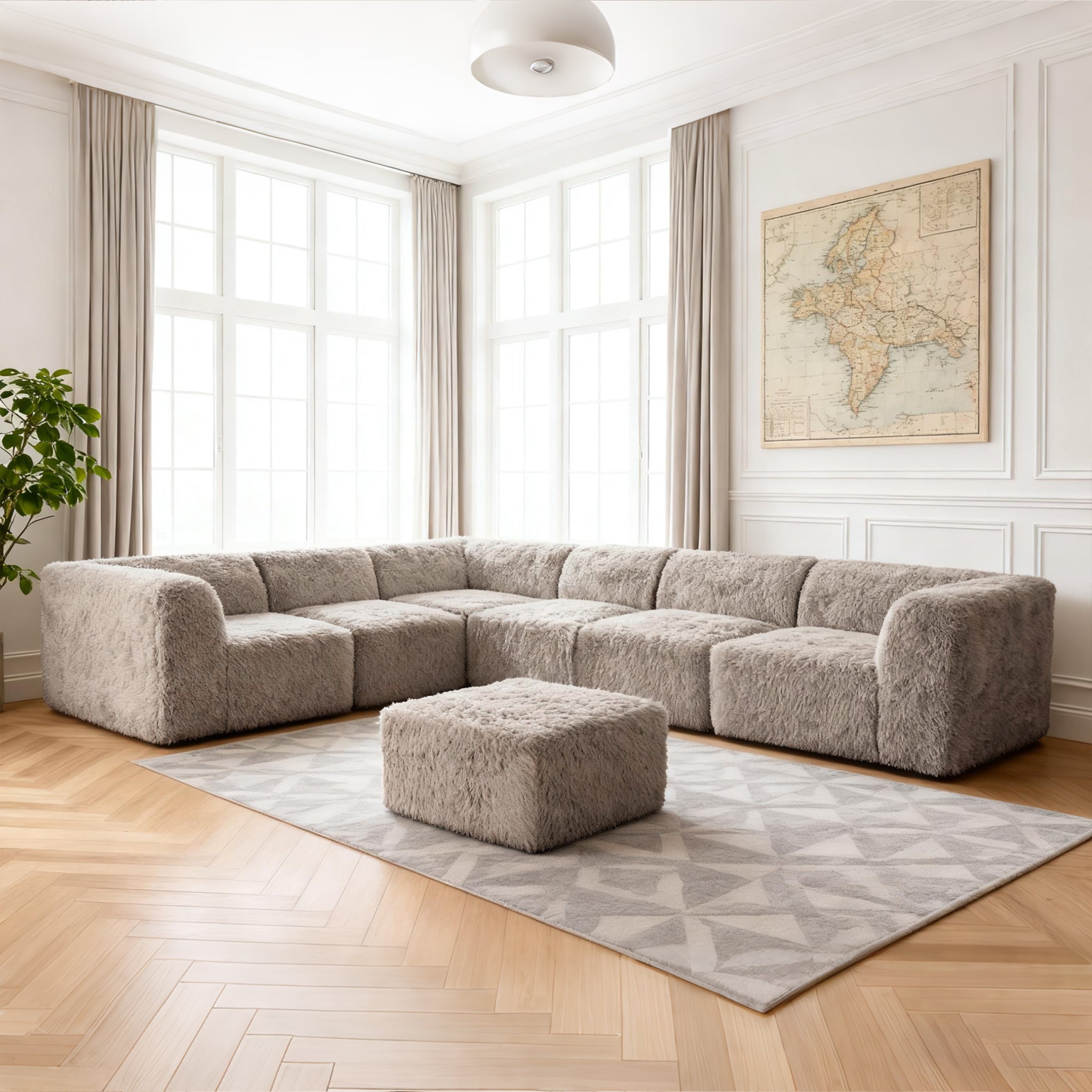Taupe gray  L-Sectional  Sofa with Ottoman –Main Image of the Compressed Foam Faux Fur Modular sofa