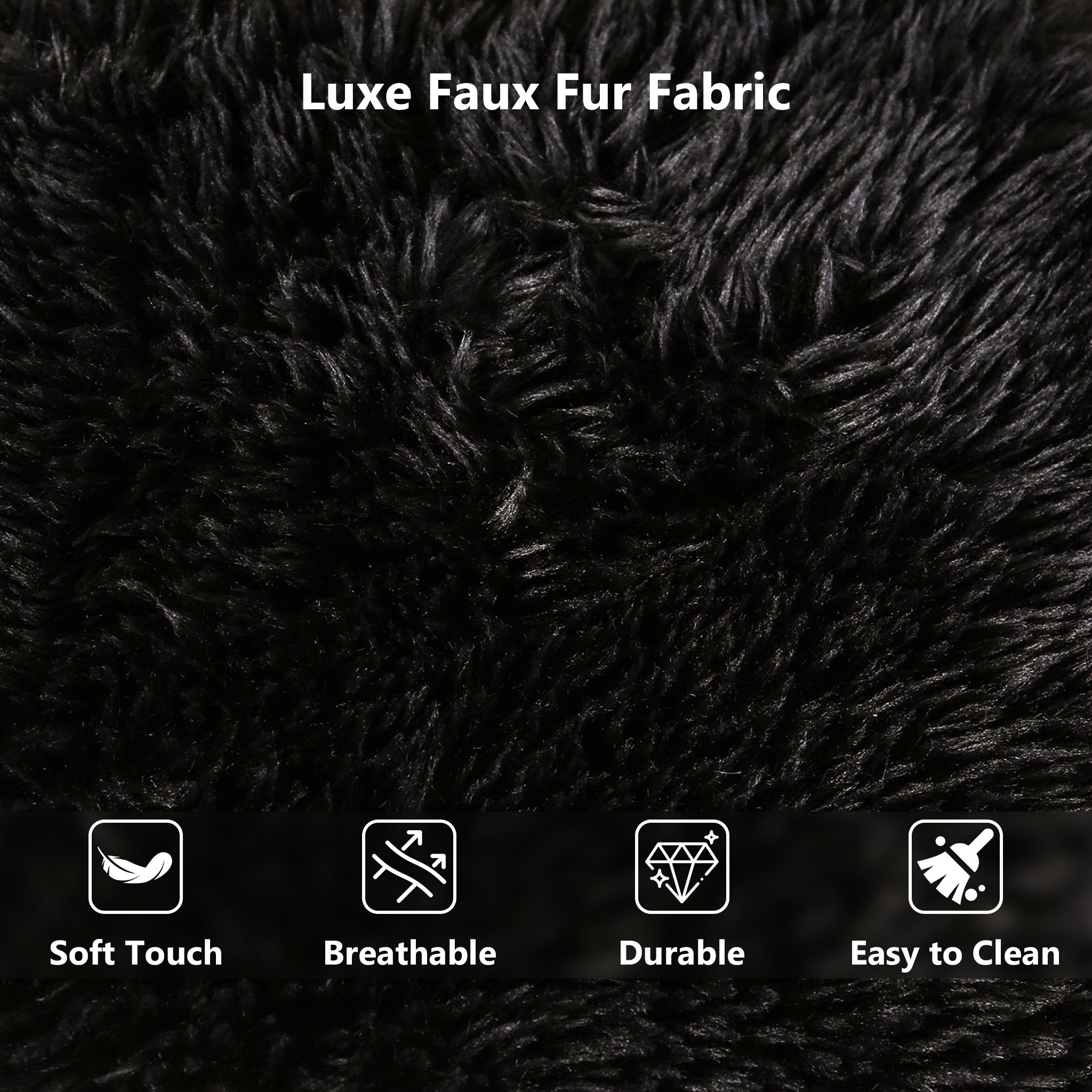 Black Modular Loveseat Luxe Faux Fur Fabric-Close-up pictures of fabric details