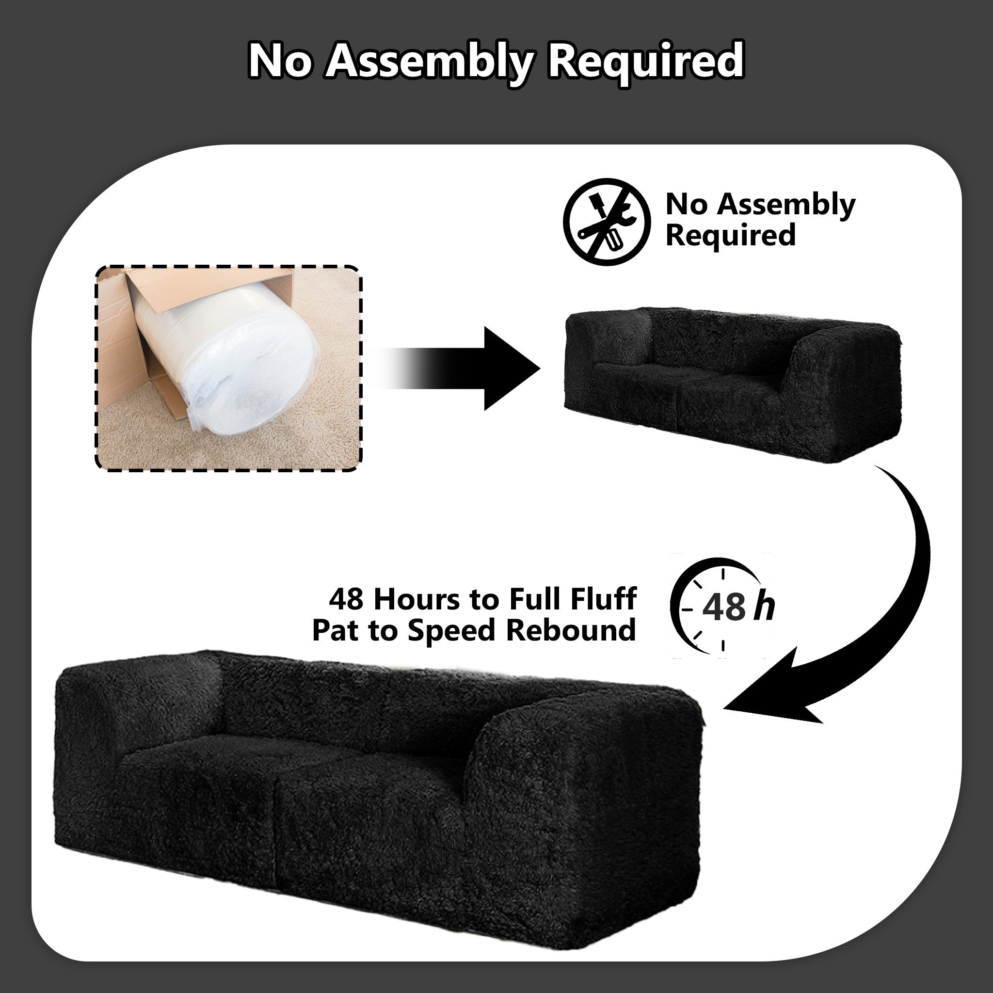 Black Modular Loveseat comes in simple packaging and requires no assembly.