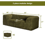 Olive green Modular Loveseat–Full product dimensions chart showing length, width, height, and modular components