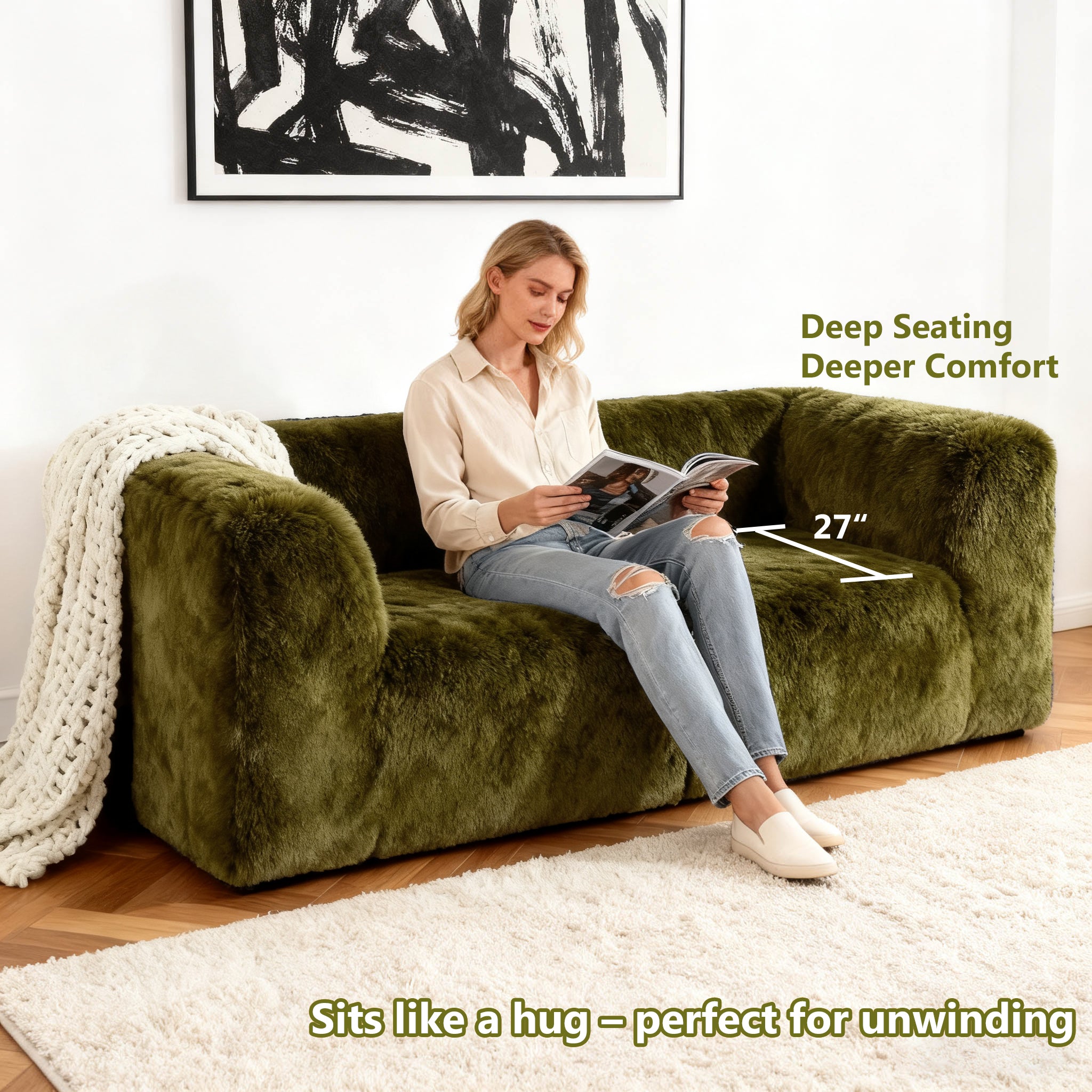 Olive green Modular Loveseat showcases its deep seating design– a lady comfortably enjoys reading time on the sofa