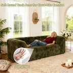 Olive greenModular Loveseat with its rounded armrests and high-density foam support – a lady is comfortably relaxing on the sofa