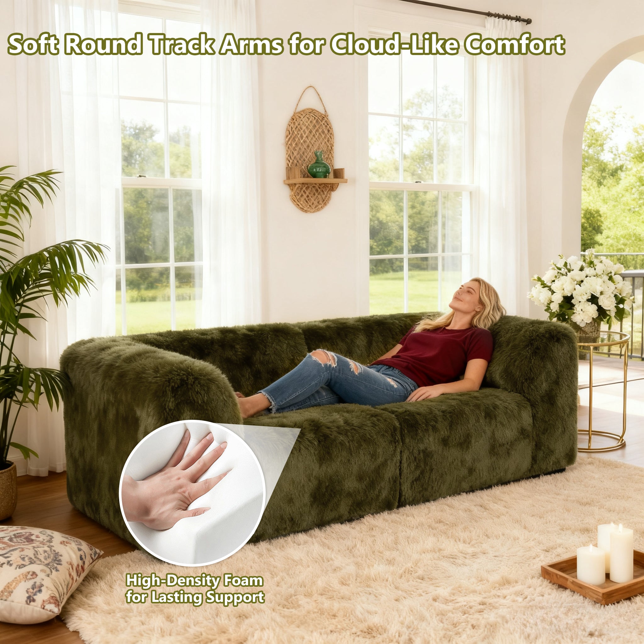 Olive greenModular Loveseat with its rounded armrests and high-density foam support – a lady is comfortably relaxing on the sofa