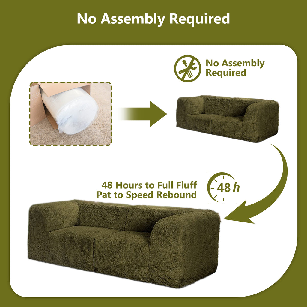 Olive green Modular Loveseat comes in simple packaging and requires no assembly.