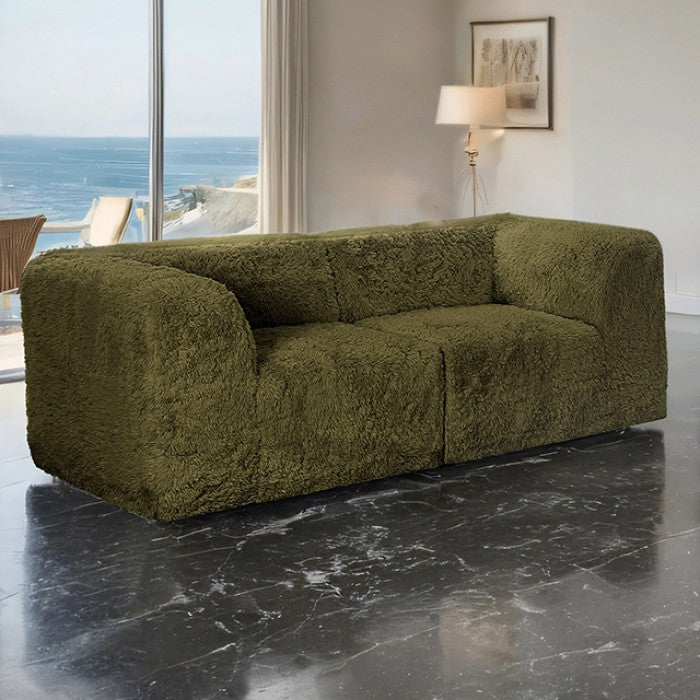 Olive green  Modular Loveseat–Main Image of the Compressed Foam Faux Fur Loveseat