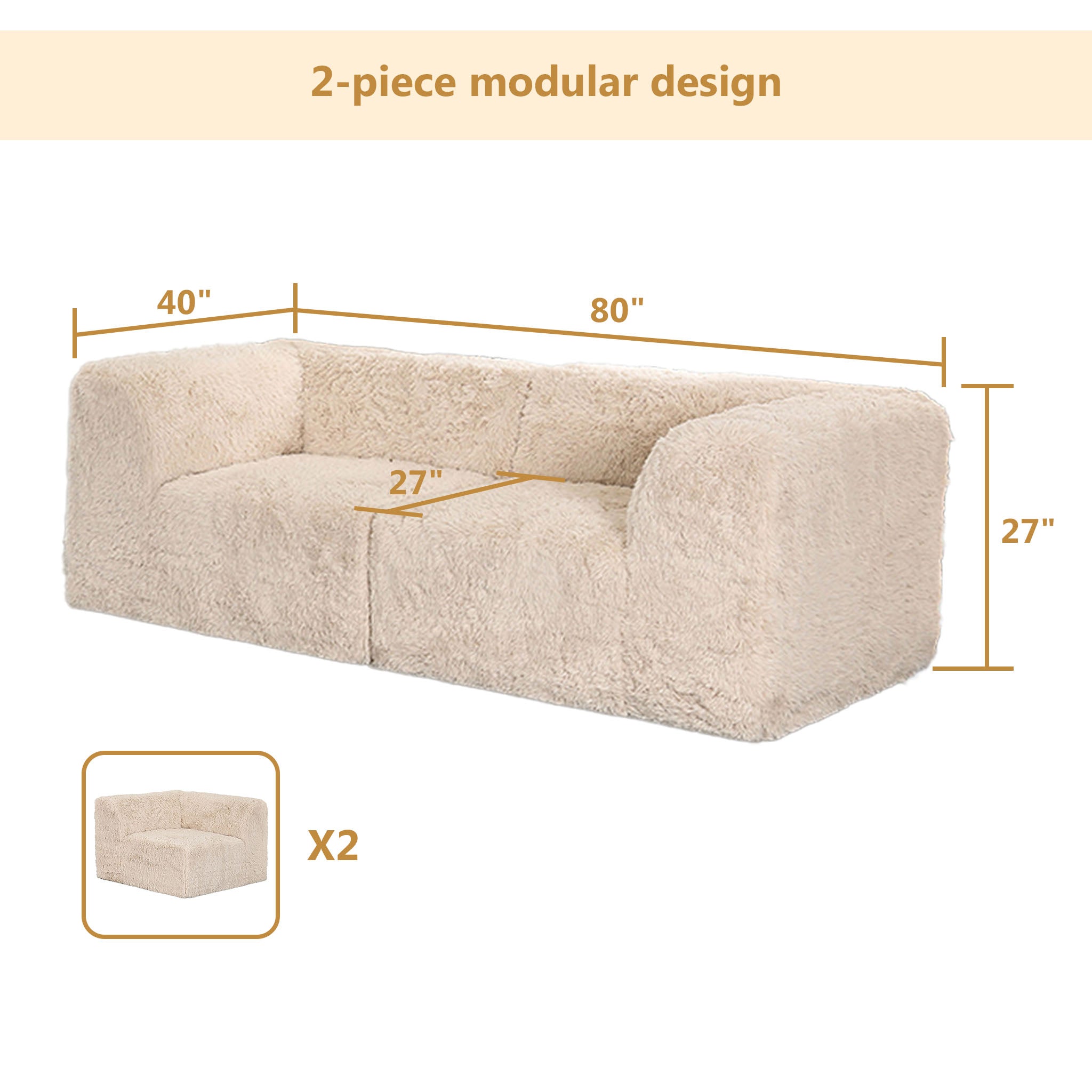 Soft sand Modular Loveseat–Full product dimensions chart showing length, width, height, and modular components.