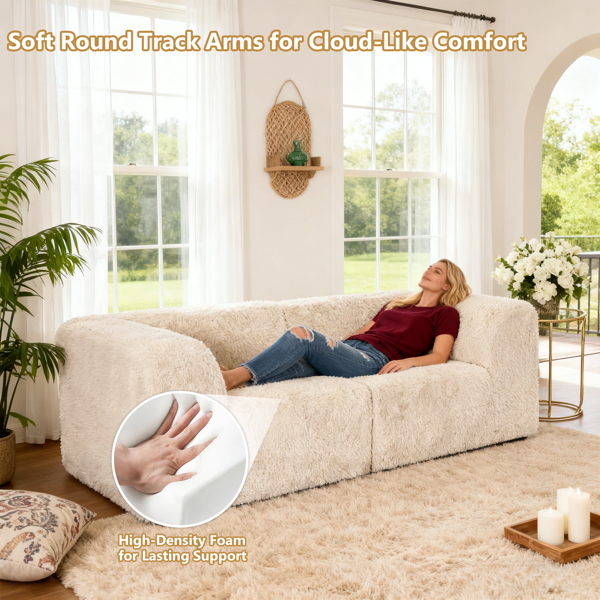 Soft sand Modular Loveseat with its rounded armrests and high-density foam support – a lady is comfortably relaxing on the sofa