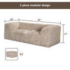Taupe gray loveseat –Full product dimensions chart showing length, width, height, and modular components.