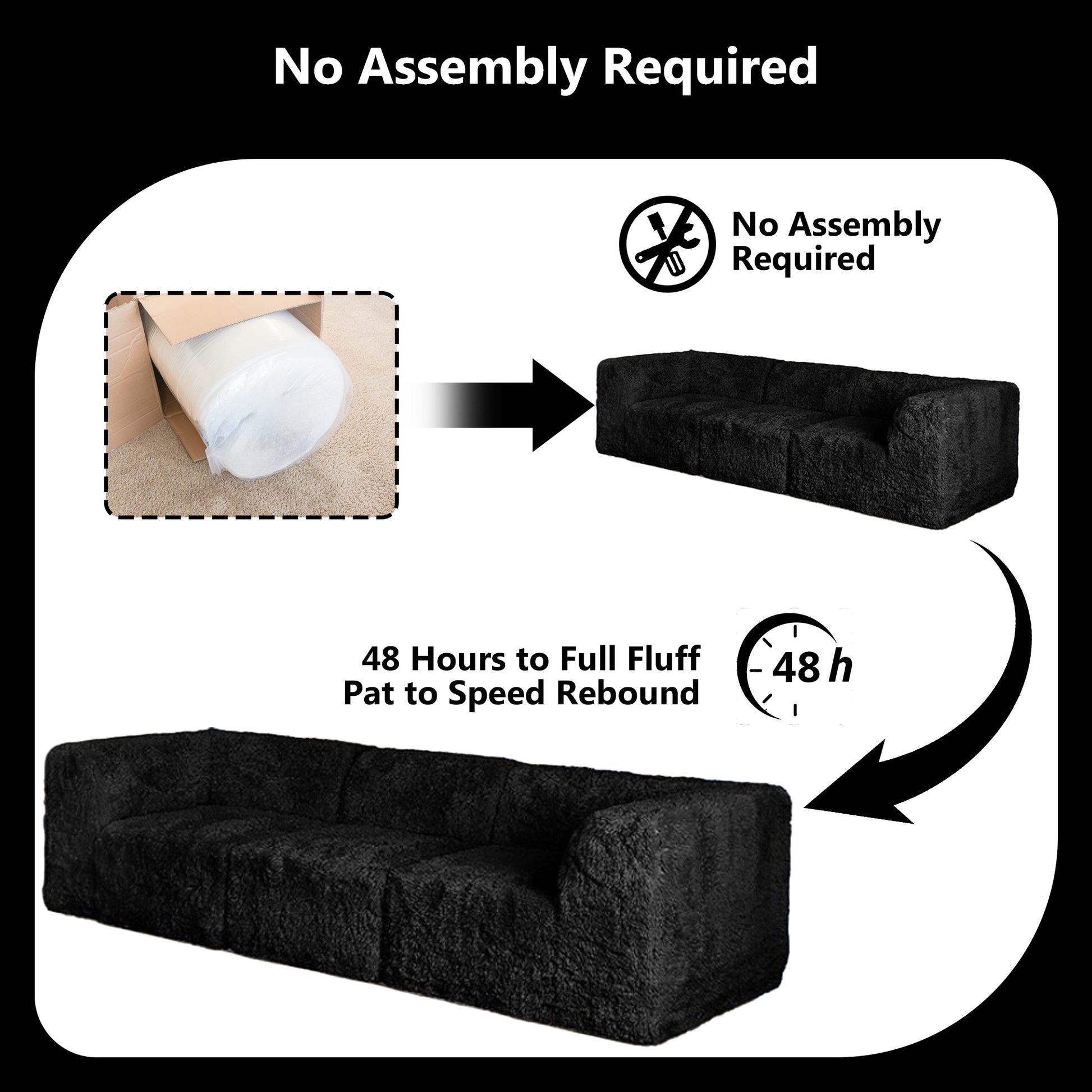 The Black  sofa comes in simple packaging and requires no assembly.