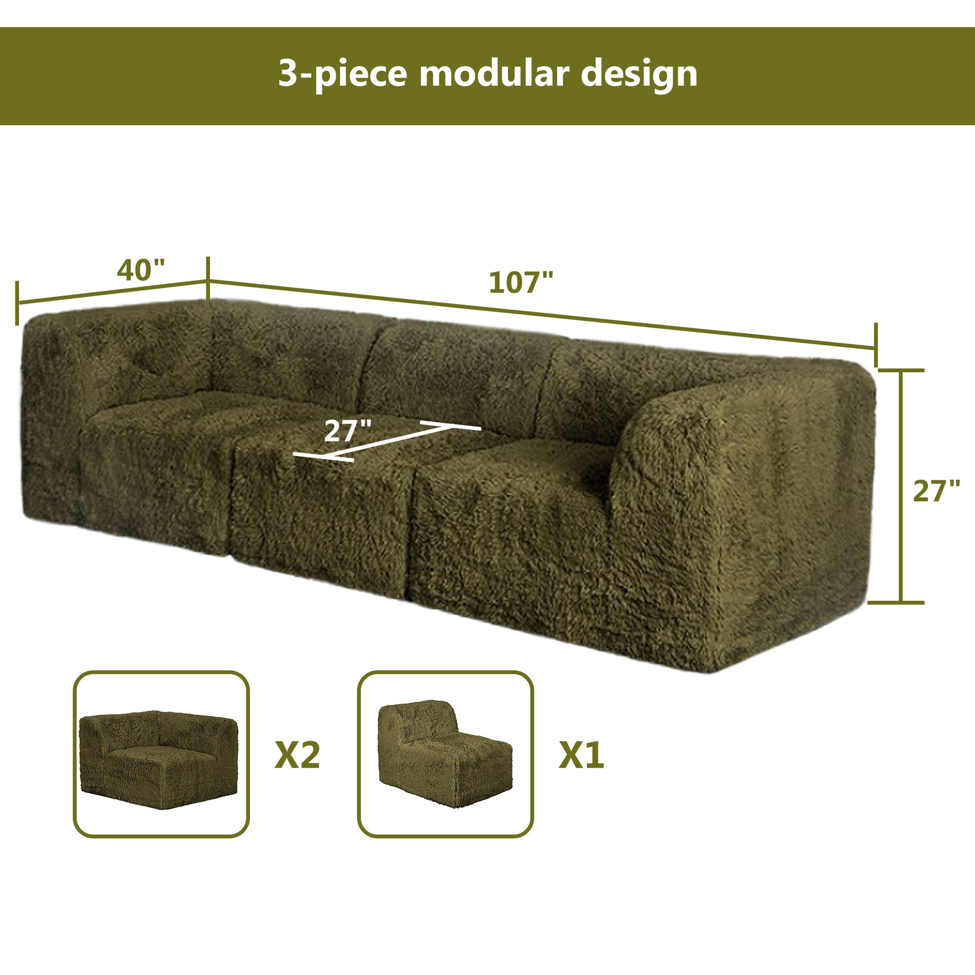 Olive green sofa –Full product dimensions chart showing length, width, height, and modular components.
