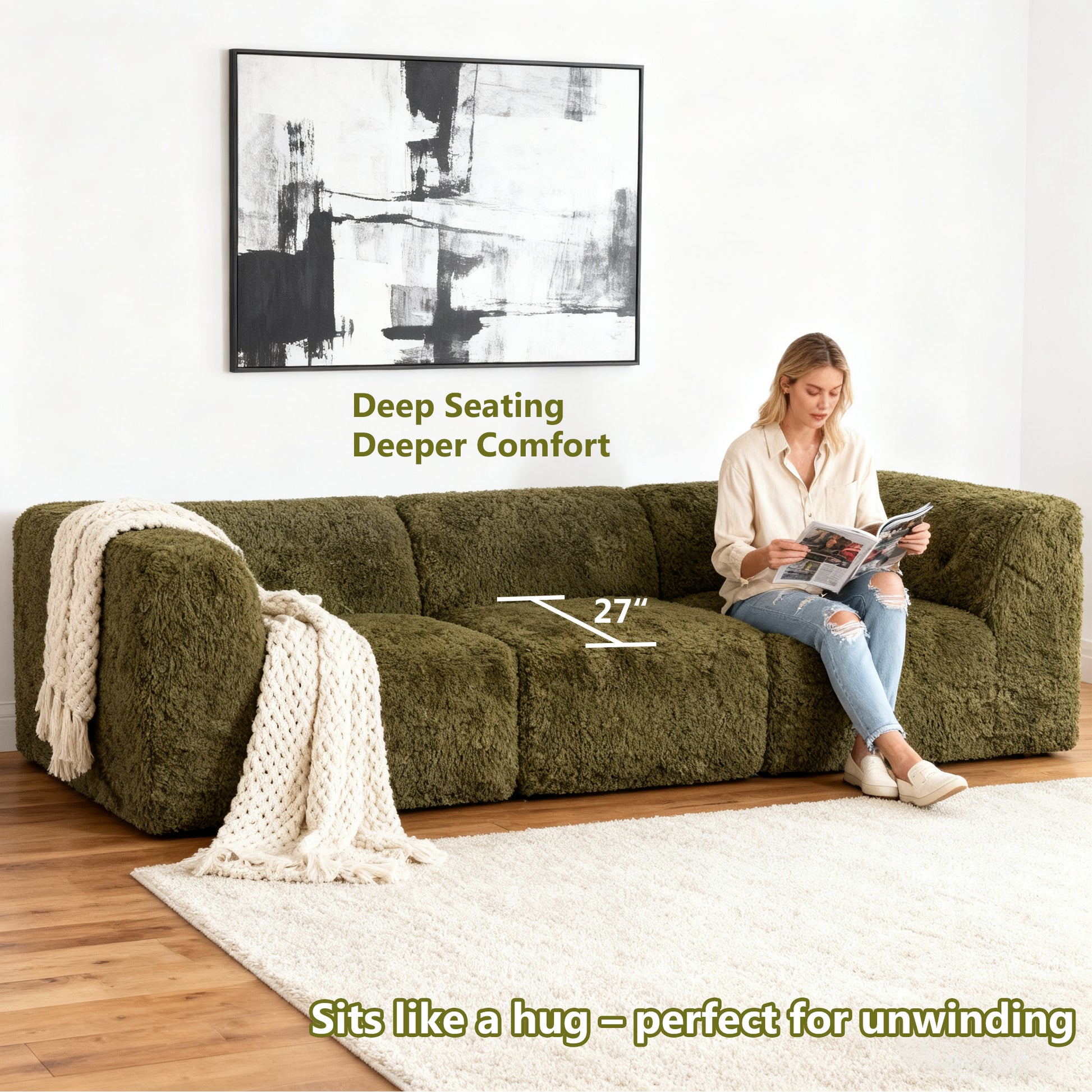 Olive green-colored sofa showcases its deep seating design– a lady comfortably enjoys reading time on the sofa.