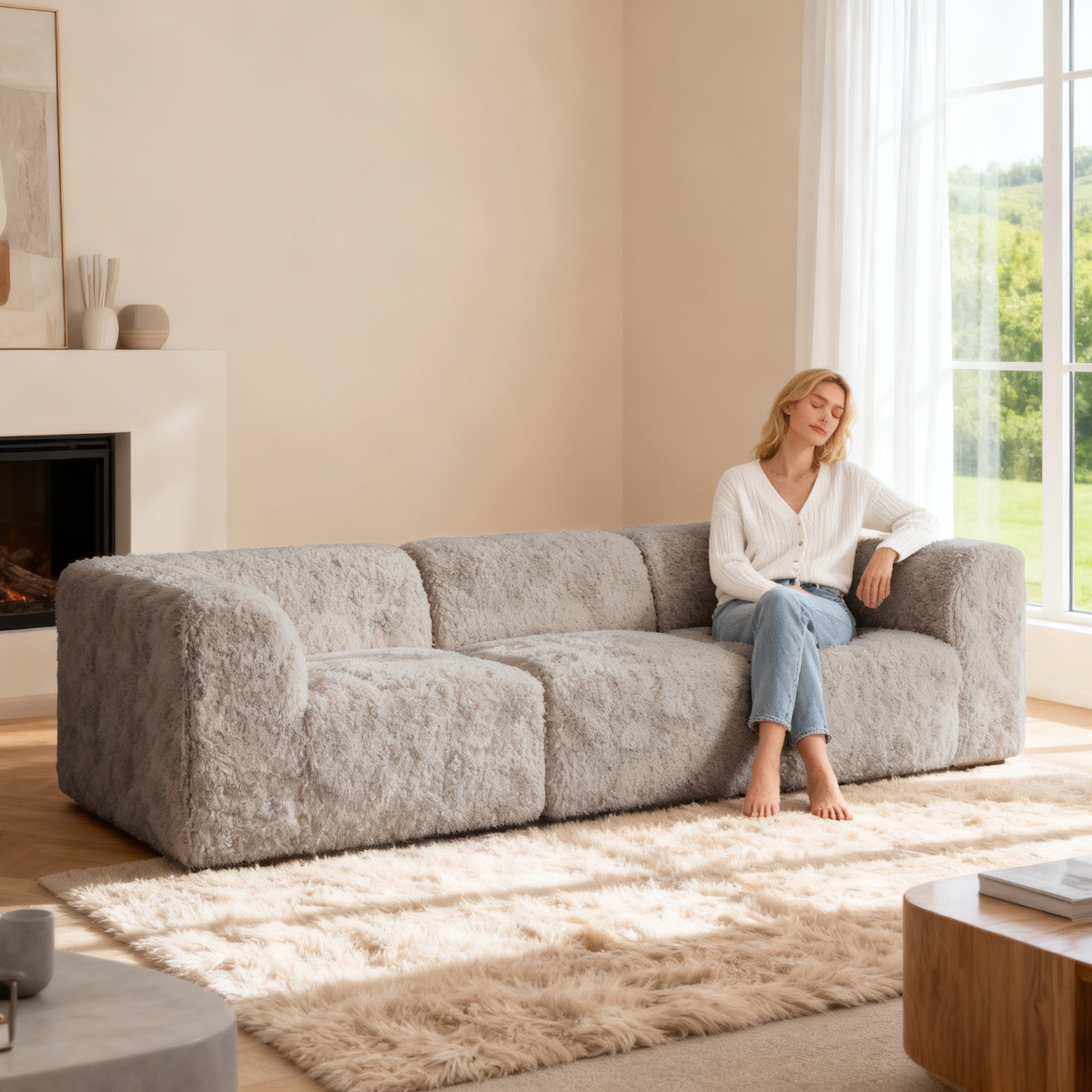 Taupe gray sofa –showcased in a modern cozy living room setting. A model sits on it to demonstrate scale and comfort