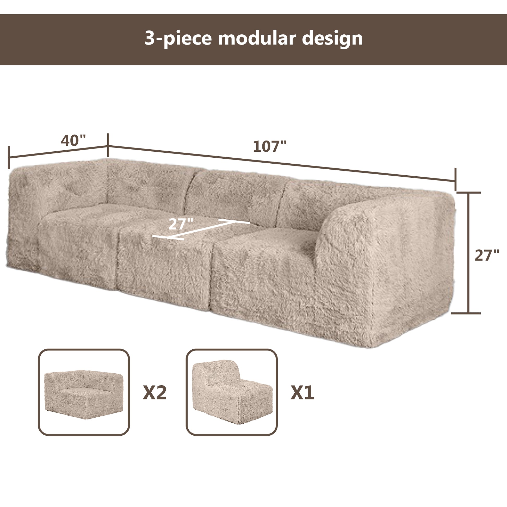 Taupe gray sofa –Full product dimensions chart showing length, width, height, and modular components.