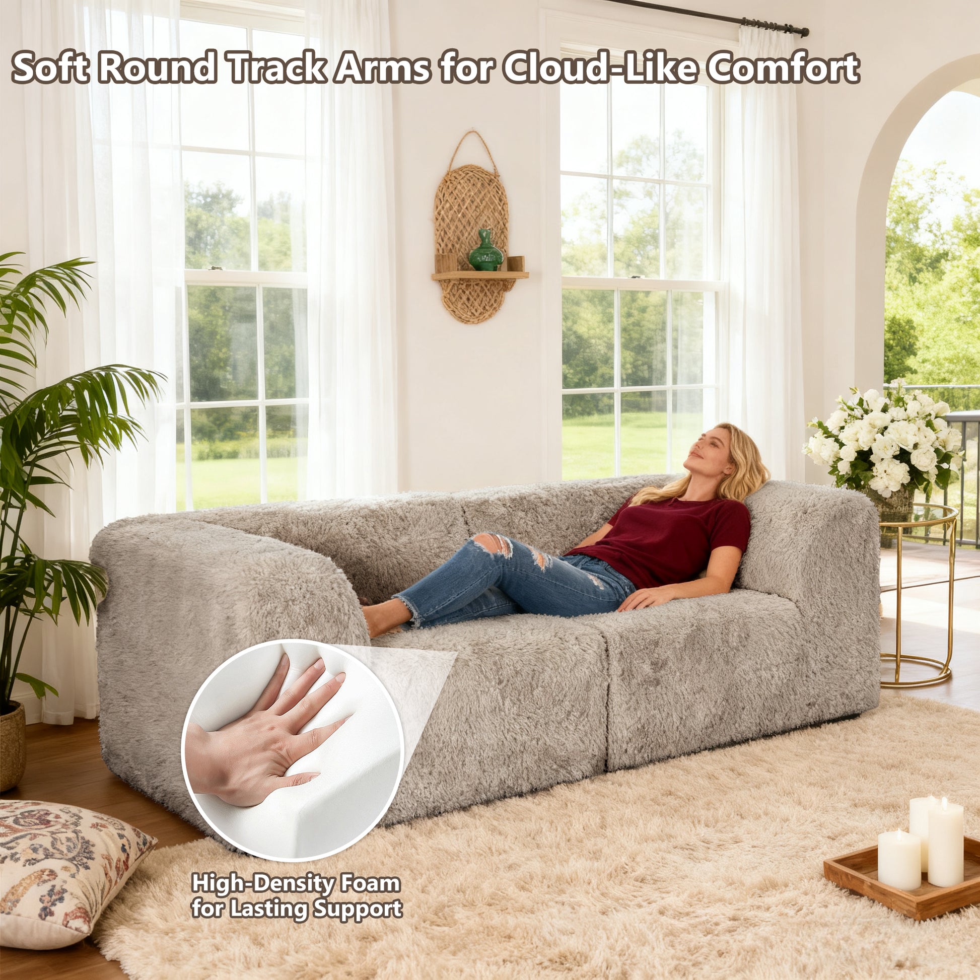 Taupe gray sofa with its rounded armrests and high-density foam support – a ladyis comfortably relaxing on the sofa.
