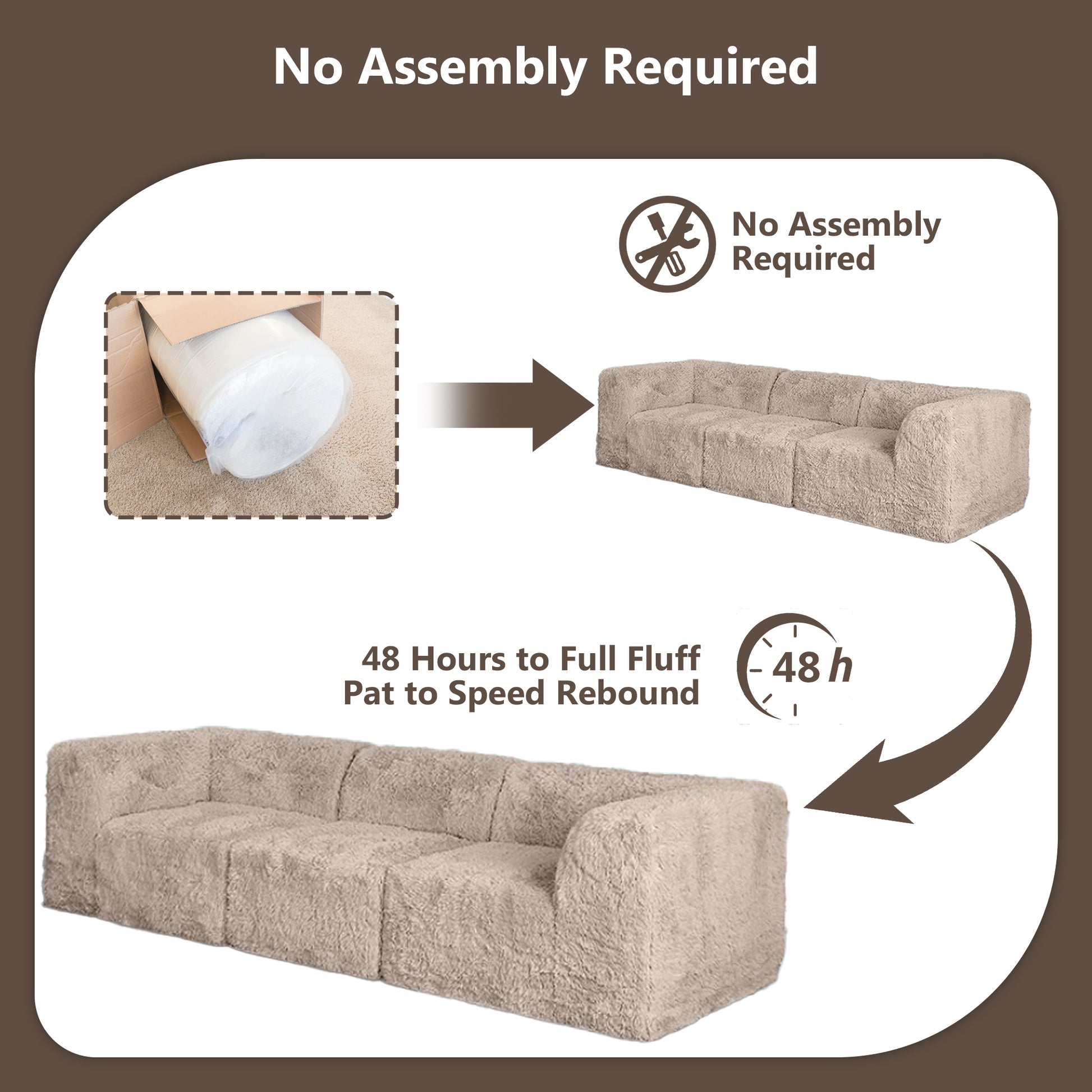 The Taupe gray sofa comes in simple packaging and requires no assembly.