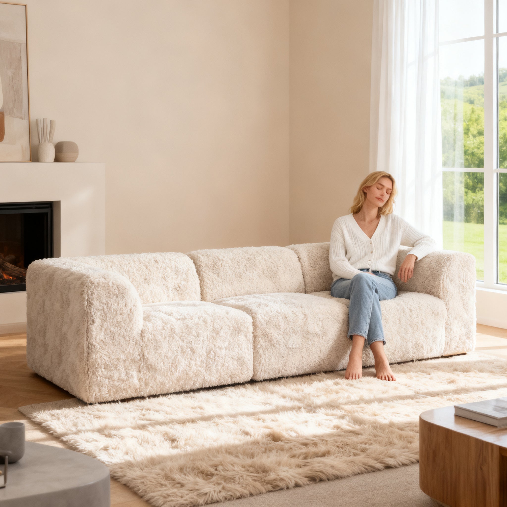 Soft sand sofa –showcased in a modern cozy living room setting. A model sits on it to demonstrate scale and comfort
