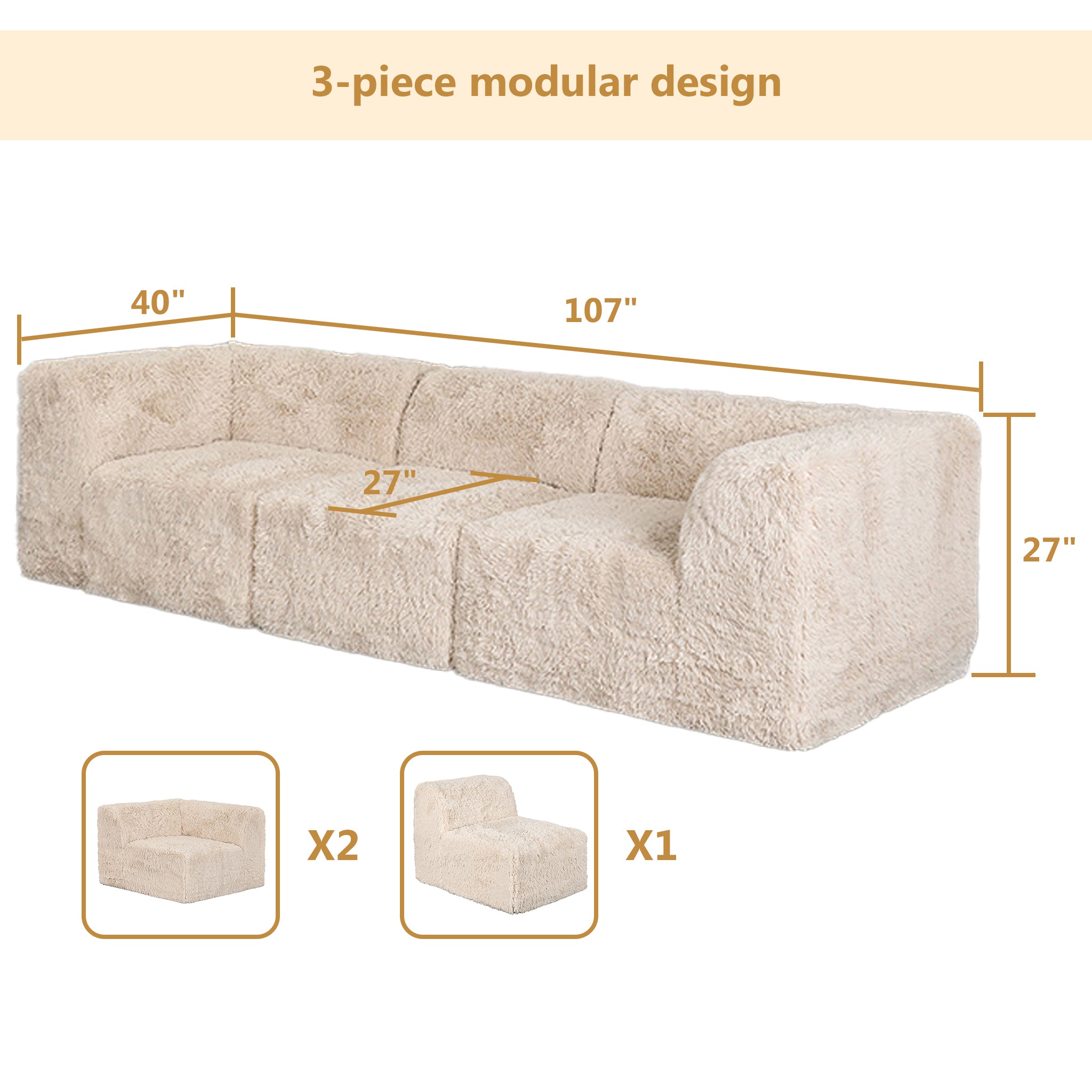 Soft sand sofa –Full product dimensions chart showing length, width, height, and modular components.