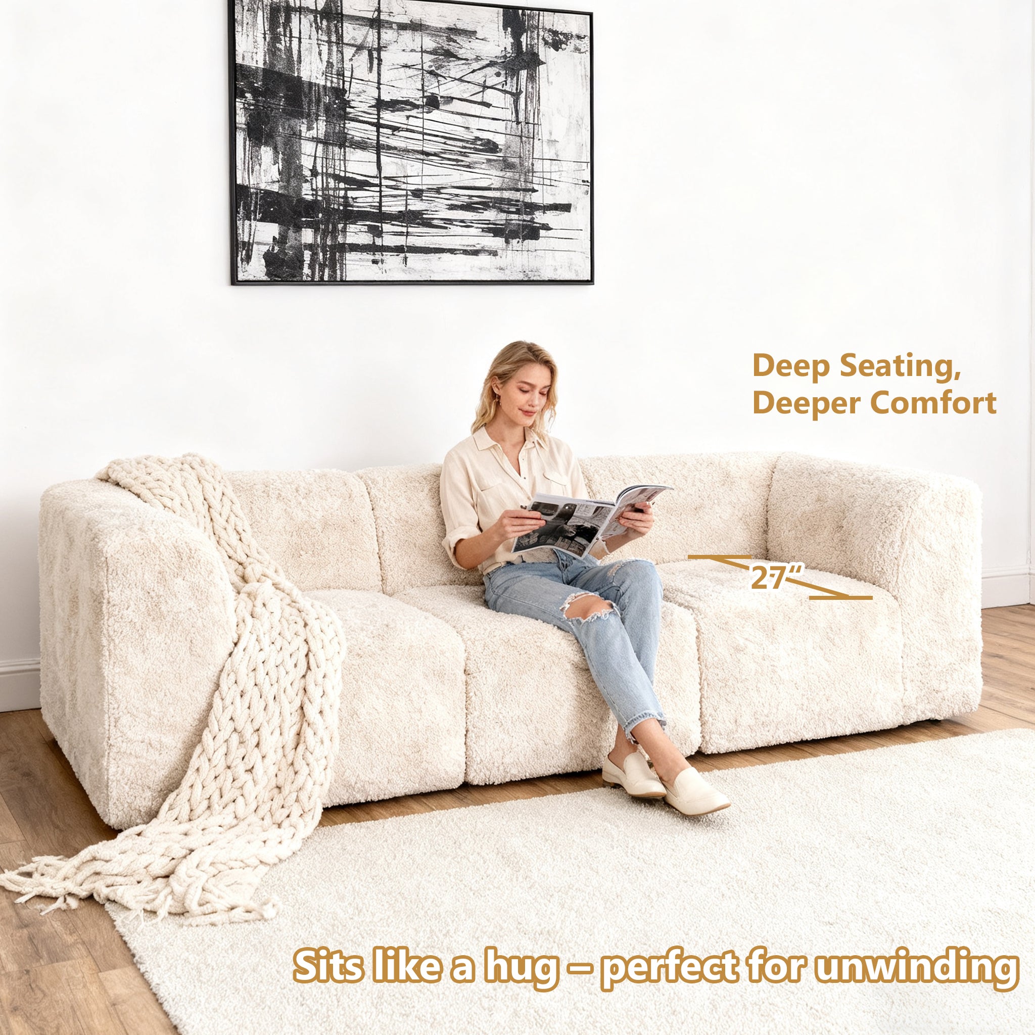 Soft sand-colored sofa showcases its design highlights – a lady comfortably enjoys reading time on the sofa.