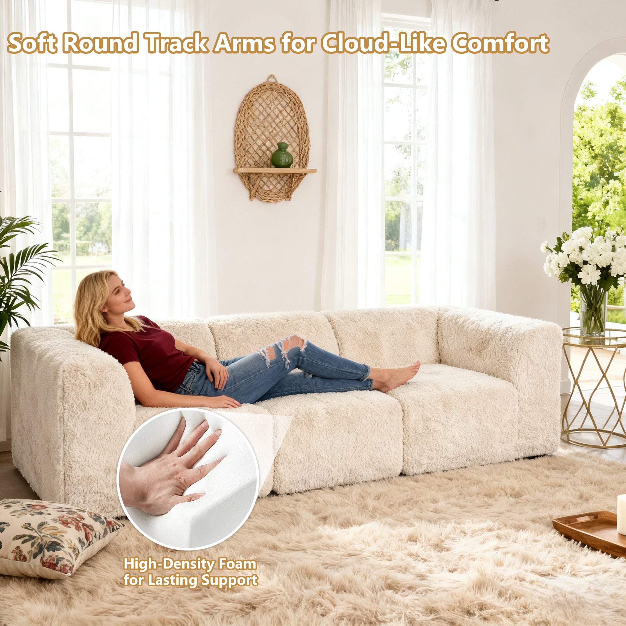 Soft sand sofa with its rounded armrests and high-density foam support – a ladyis comfortably relaxing on the sofa.