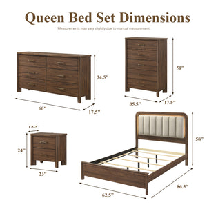 Mid-Century Modern Walnut 4-Piece Bedroom Set with Upholstered LED Platform Bed, Nightstand, Chest & Dresser with Optional Mirror