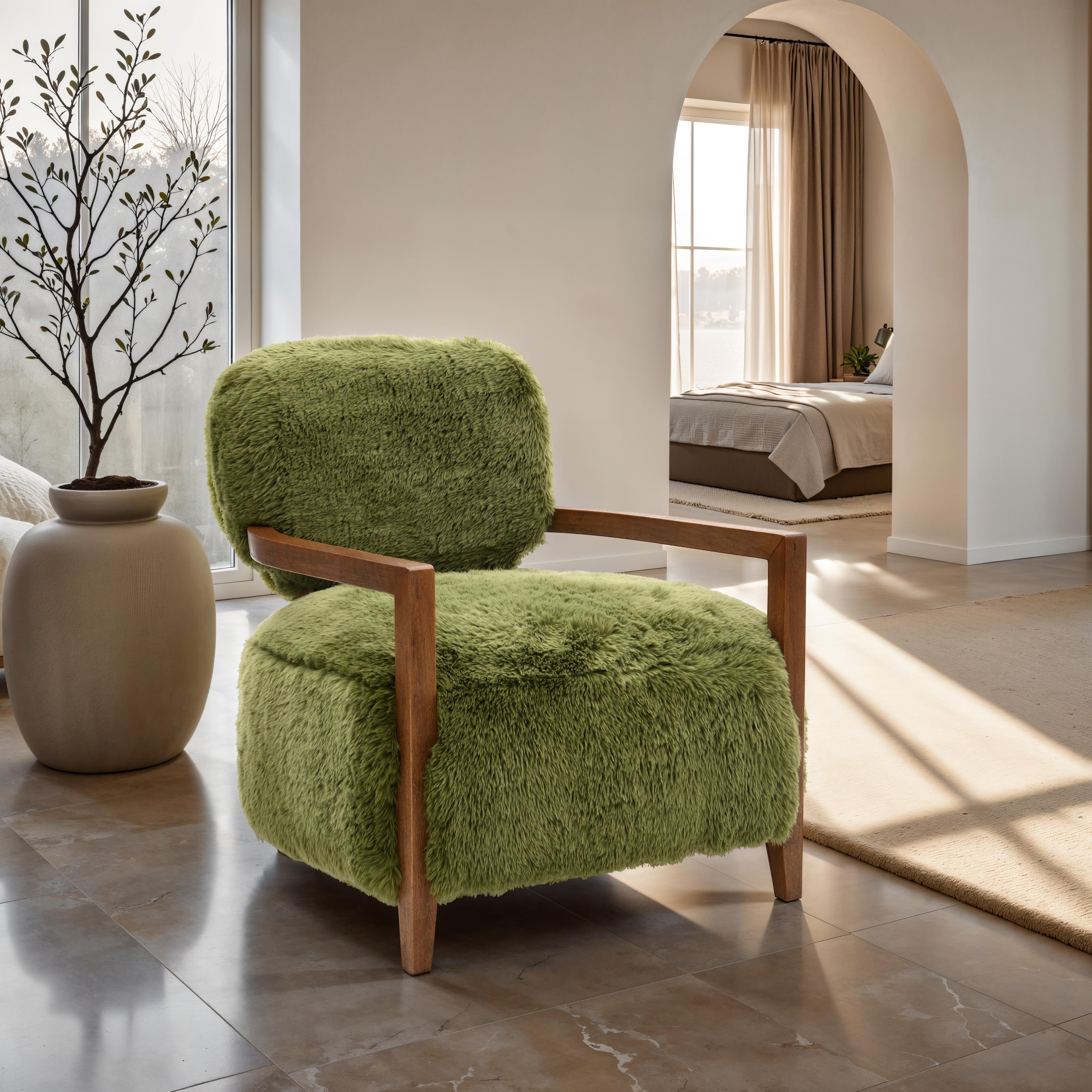 Contemporary Yeti Accent Chair – Ultra Soft Faux Fur, Dark Walnut Wood Arms