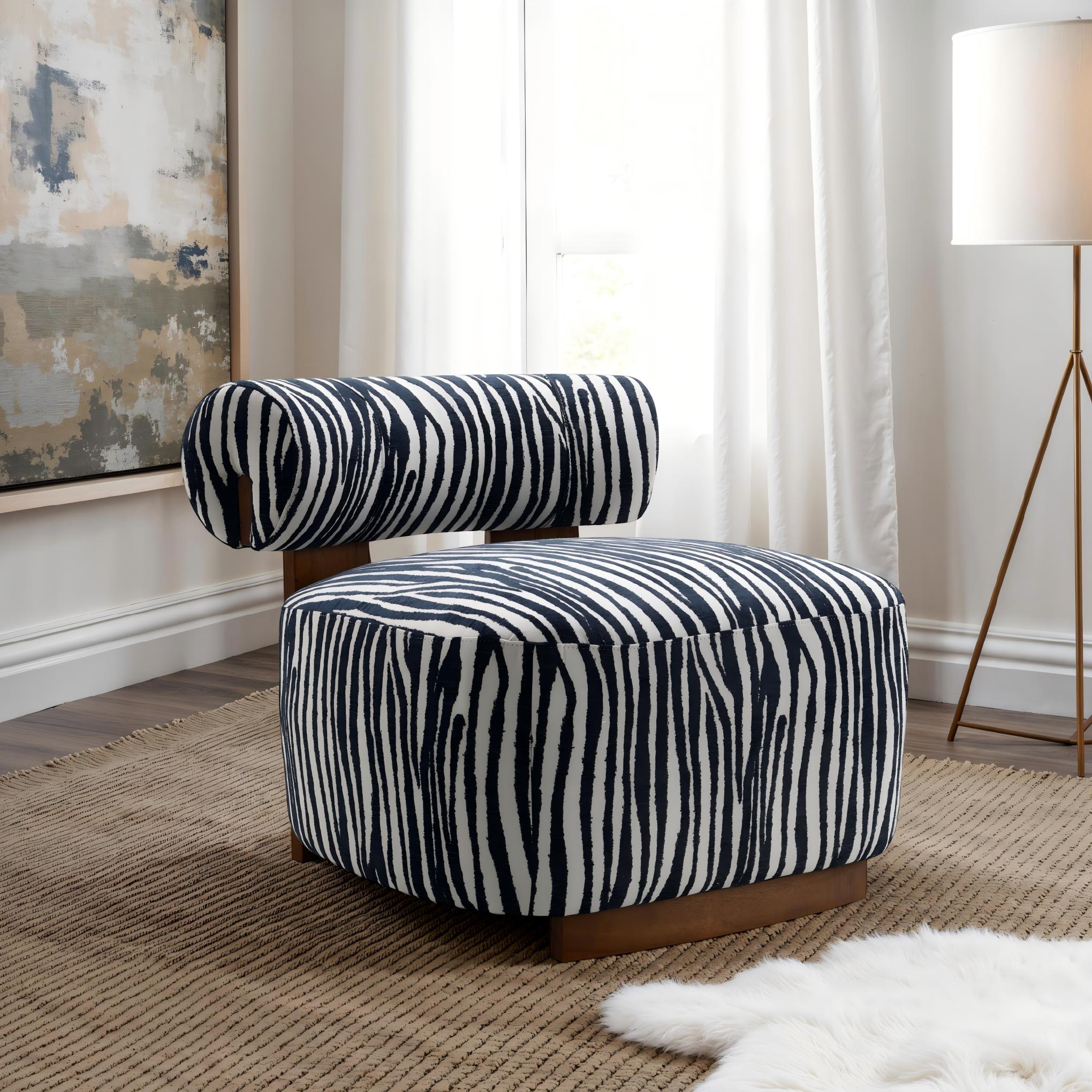 Contemporary Zebra-Stripe Accent Chair – Sculptural Cylindrical Backrest