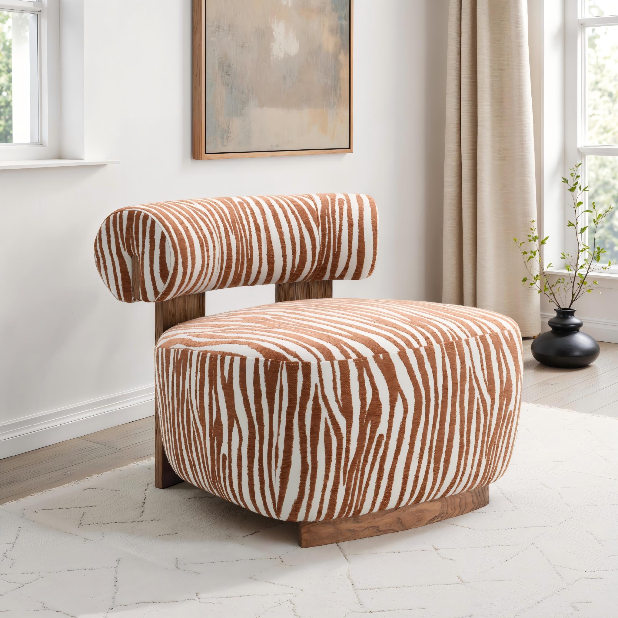 Contemporary Zebra-Stripe Accent Chair – Sculptural Cylindrical Backrest