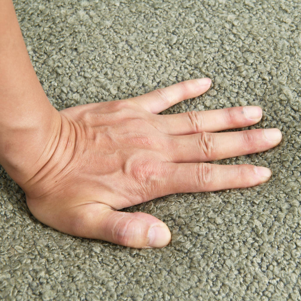 Contemporary Boucle Accent Chair – Sculptural Wood Ball Feet, Wide Seat