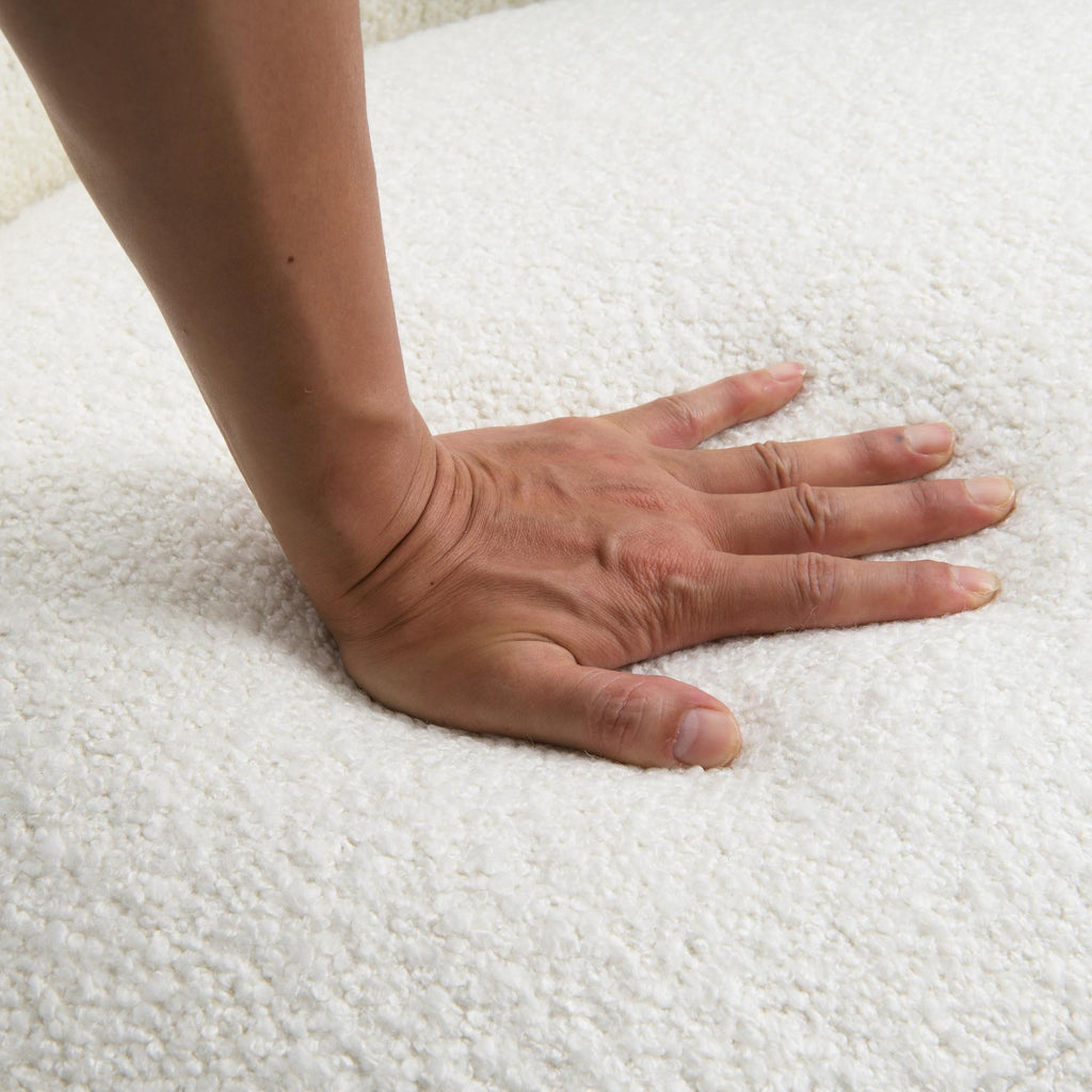 Contemporary Boucle Accent Chair – Sculptural Wood Ball Feet, Wide Seat