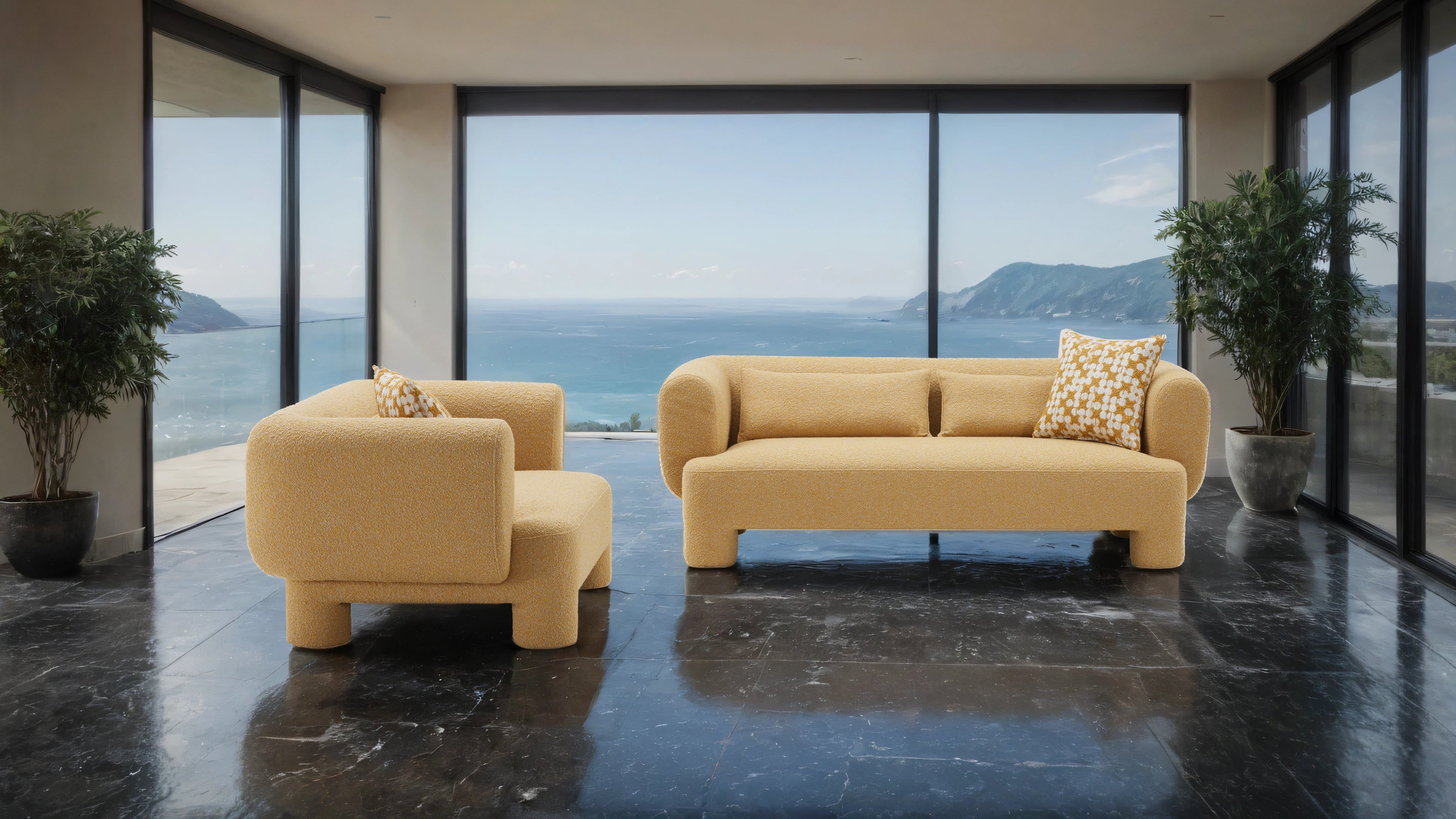 Contemporary Fabric Sofa for Living Room - Curved Back, High Density Foam and Feather Pillows