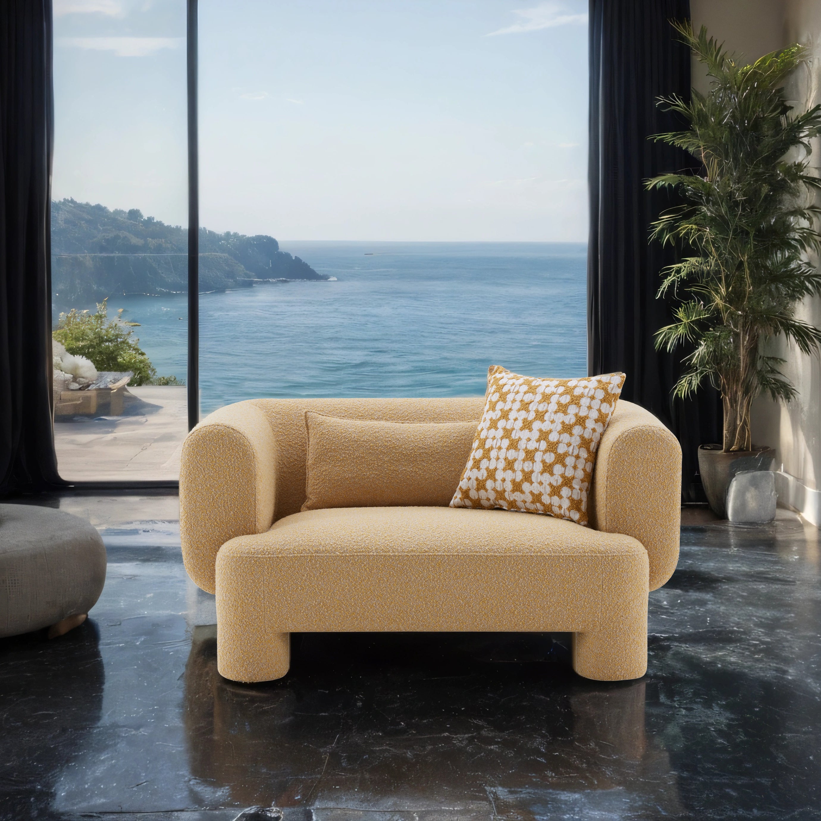 Contemporary Fabric Sofa for Living Room - Curved Back, High Density Foam and Feather Pillows