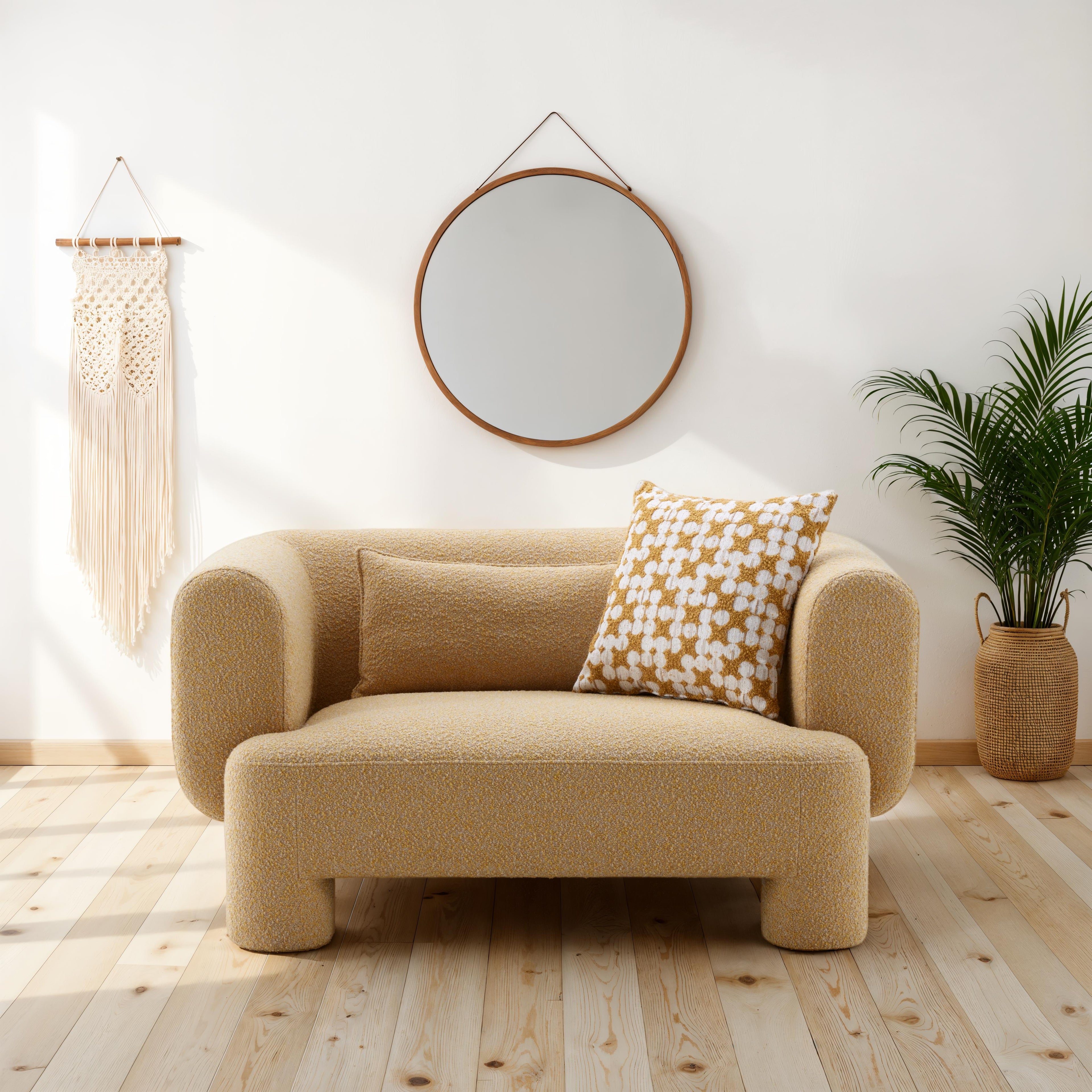 Contemporary Fabric Sofa for Living Room - Curved Back, High Density Foam and Feather Pillows