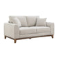 Mid-Century Modern Loveseat with Walnut Trim and Throw Pillows for Living Room