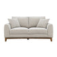 Mid-Century Modern Loveseat with Walnut Trim and Throw Pillows for Living Room