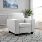 Transitional Chenille Armchair with Soft Track Arms and Walnut Wood Trim