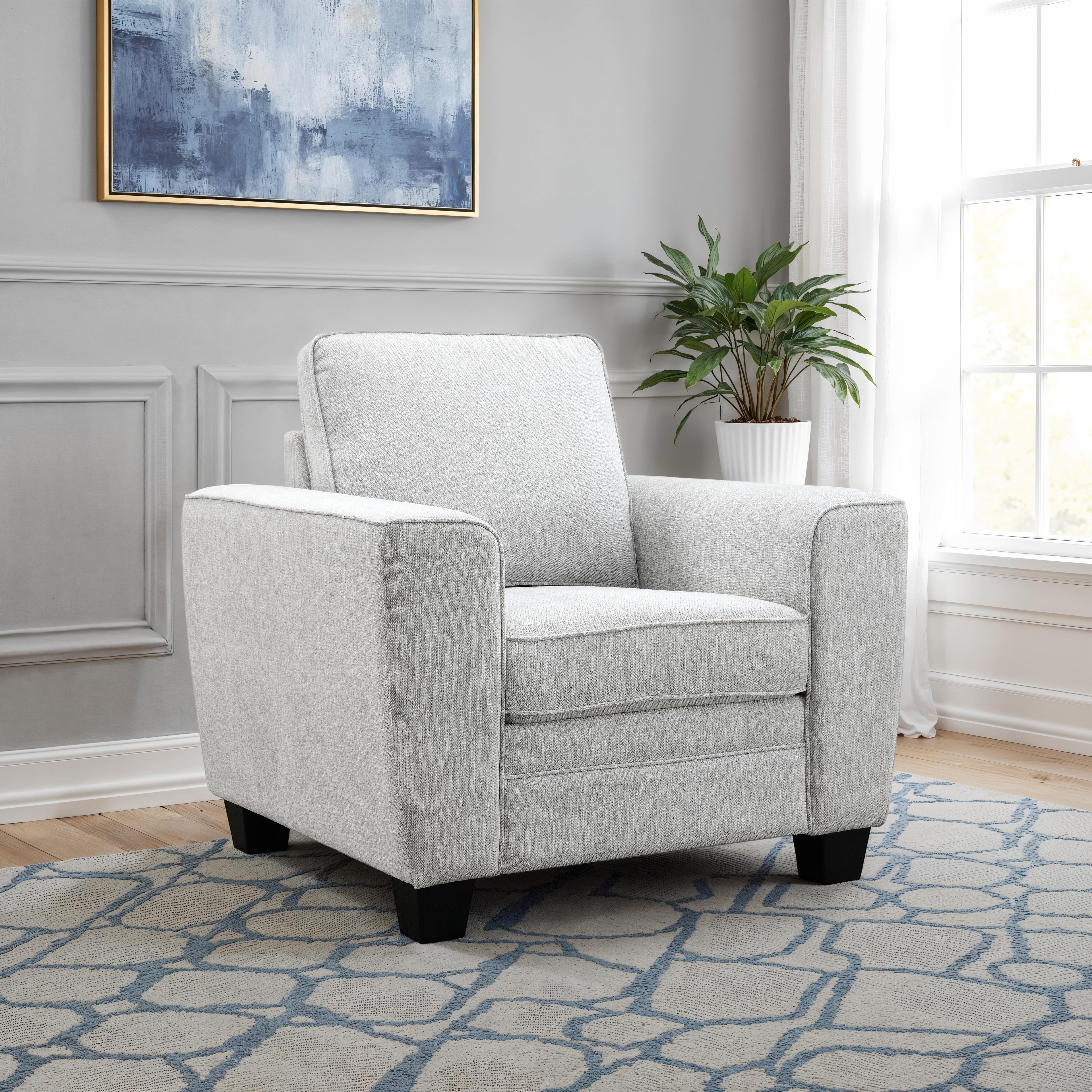 Transitional Chenille Armchair with Soft Track Arms and Walnut Wood Trim