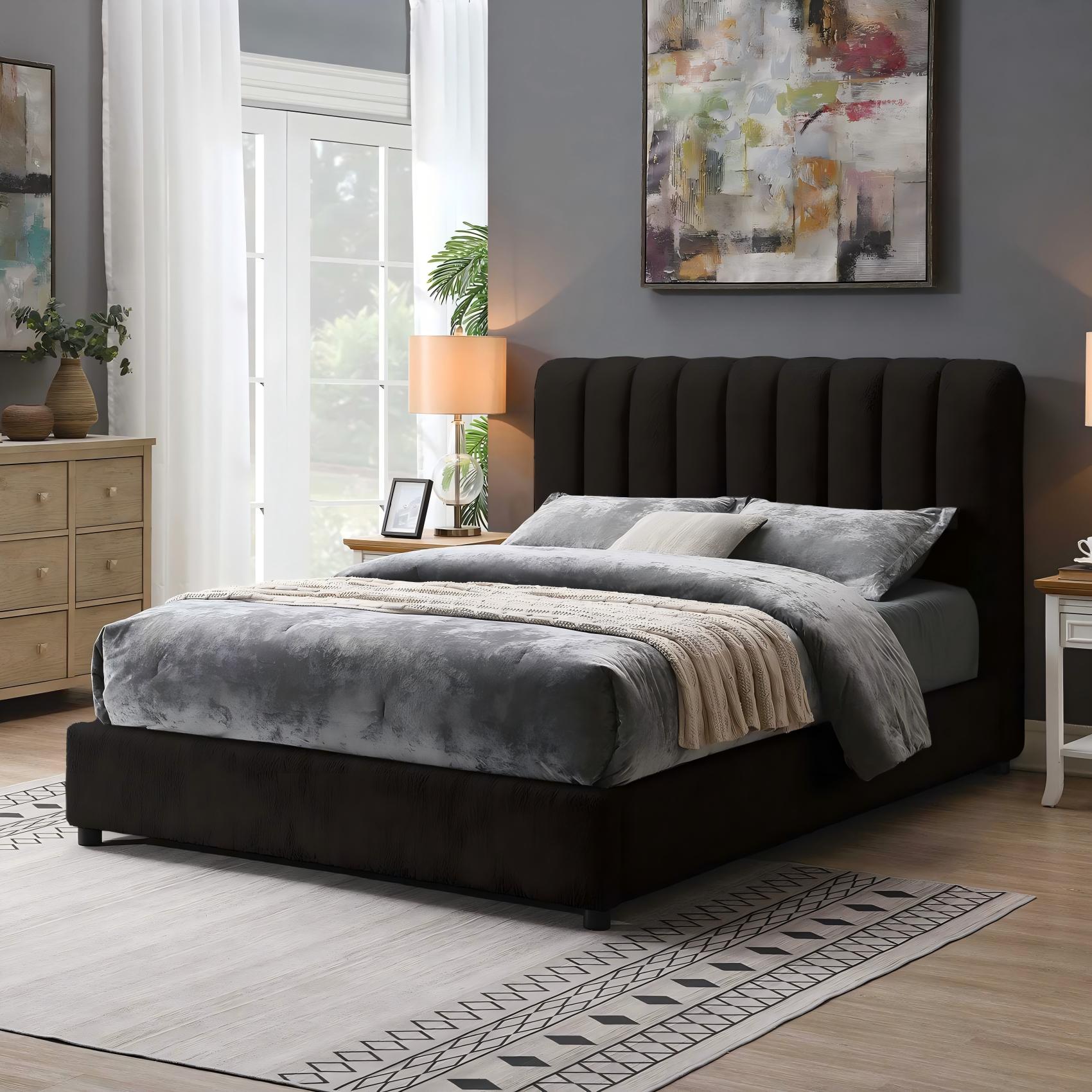 Contemporary Boucle Bed - Padded Vertical Channel Headboard, Round Wood Legs, Mattress Ready