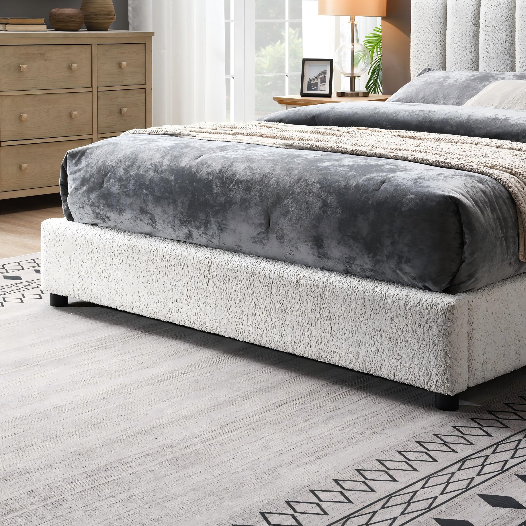 Contemporary Boucle Bed - Padded Vertical Channel Headboard, Round Wood Legs, Mattress Ready