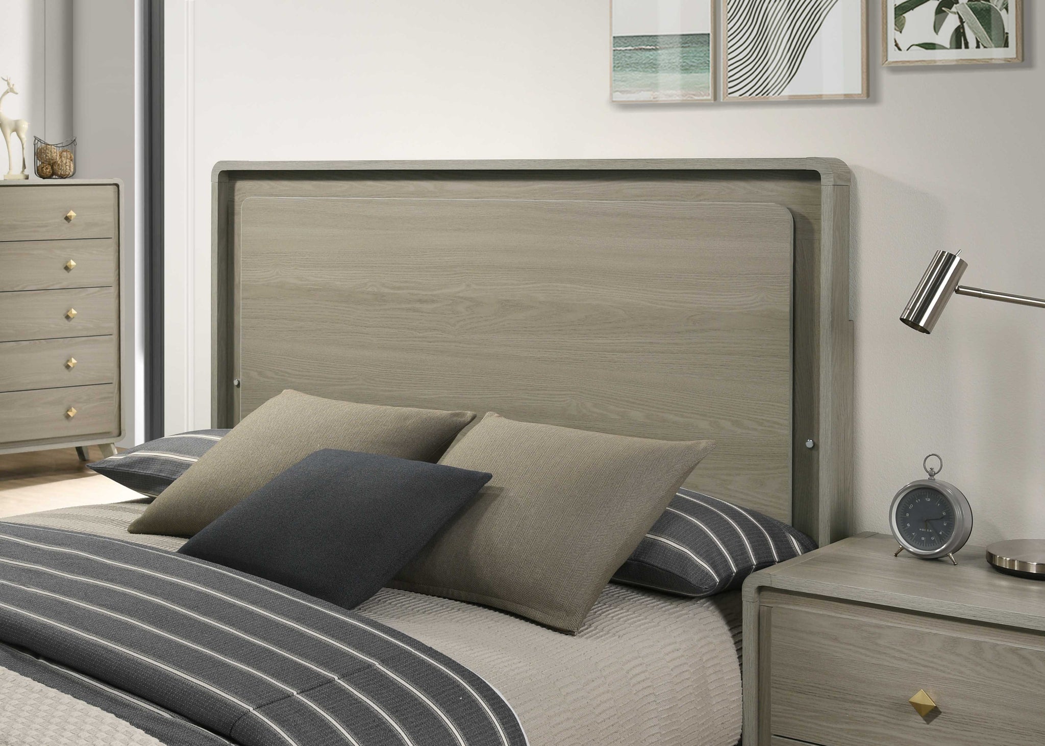 Contemporary Gray Bed with LED Wood Panel Headboard