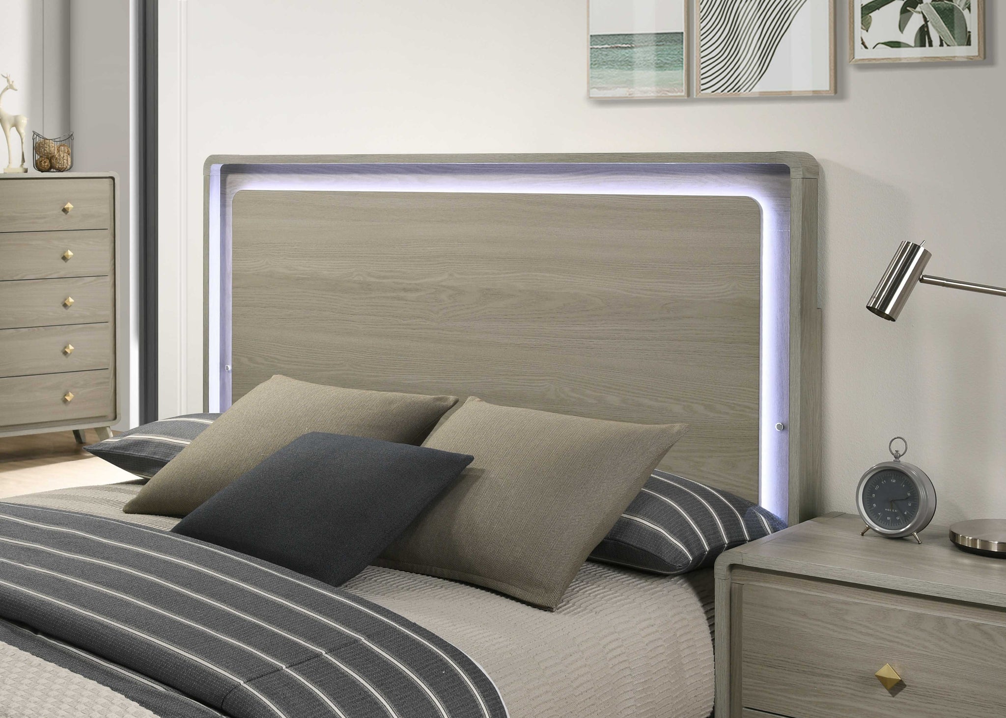 Contemporary Gray Bed with LED Wood Panel Headboard
