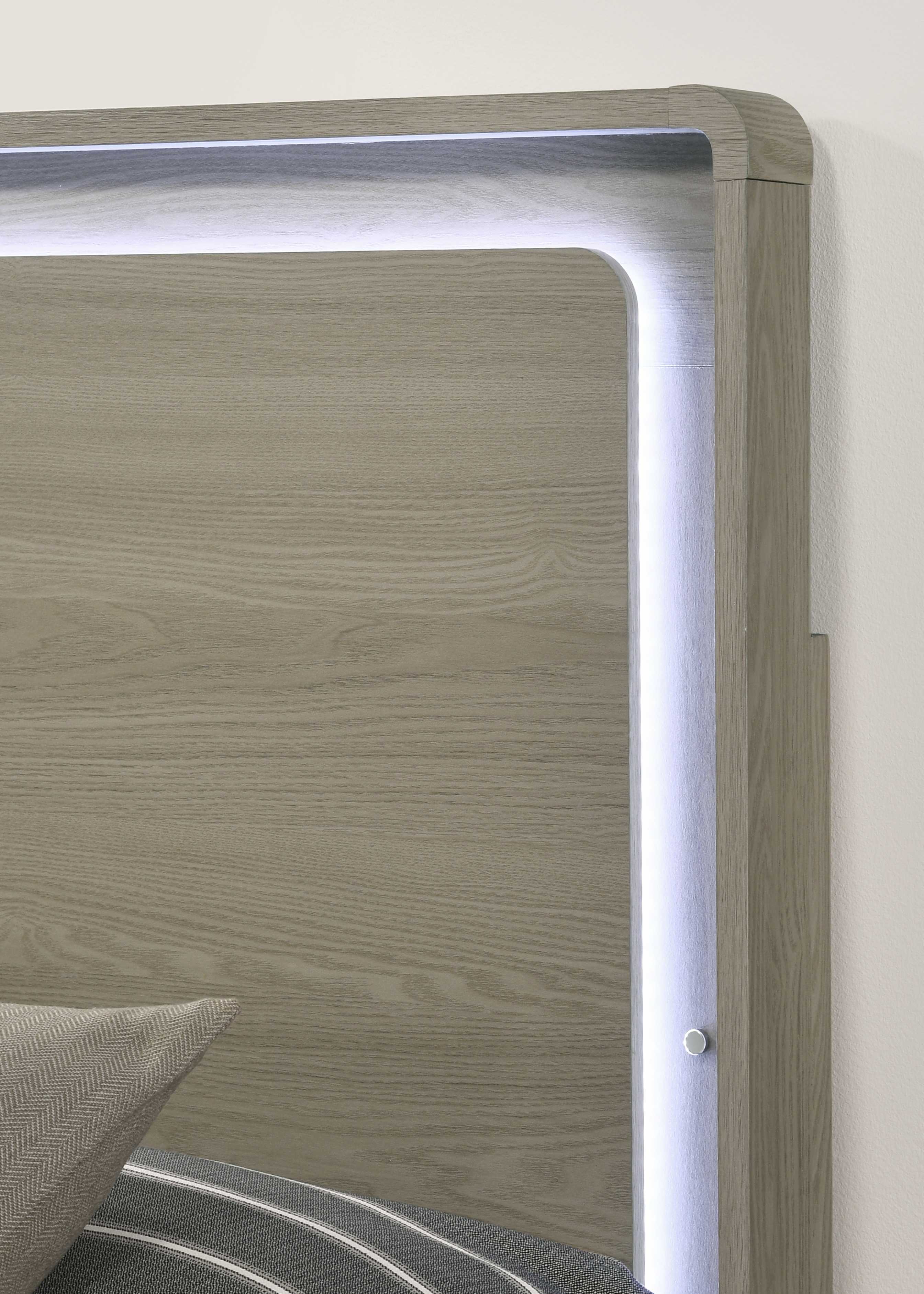 Contemporary Gray Bed with LED Wood Panel Headboard