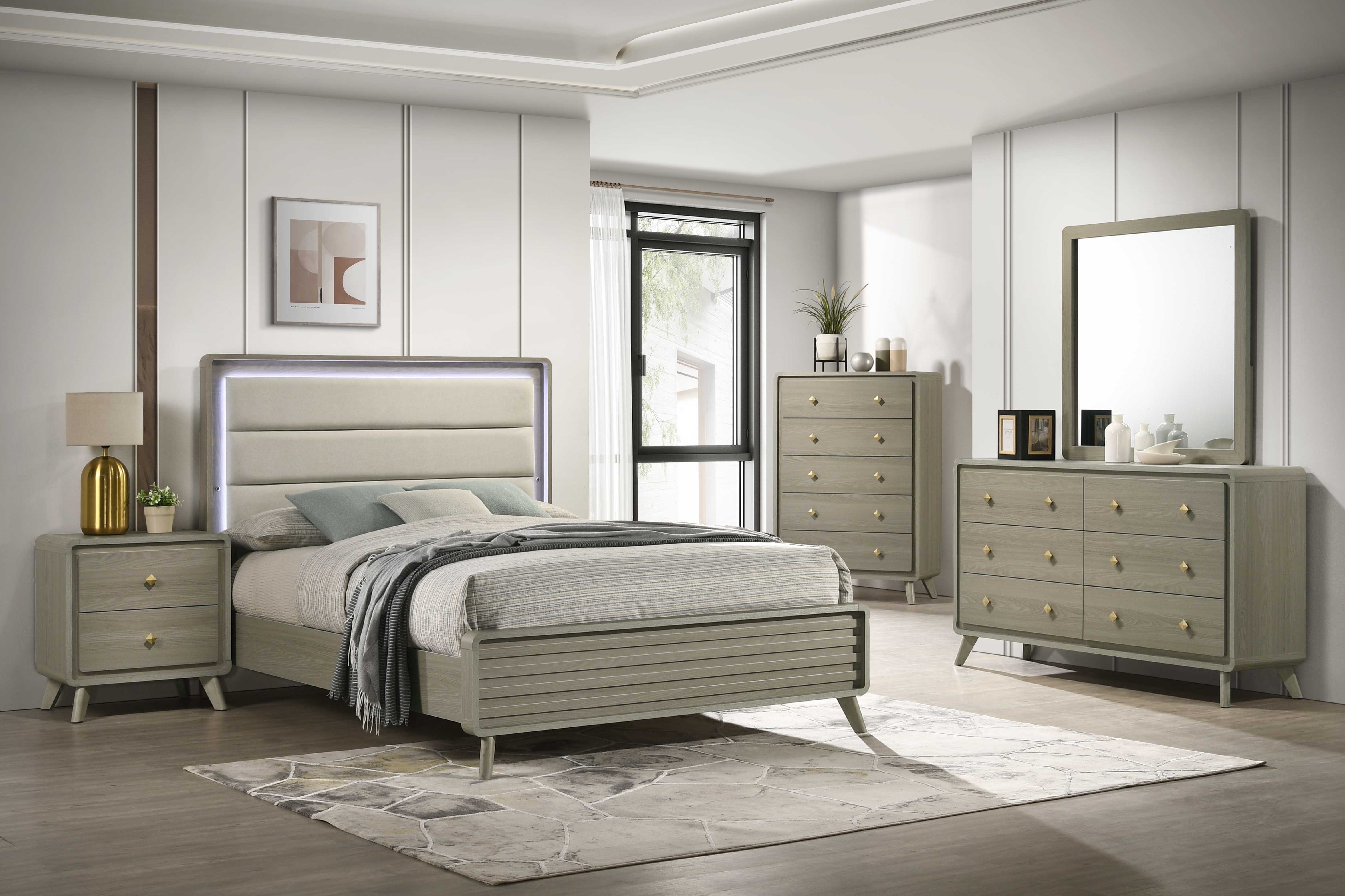 Contemporary Gray Bed with LED Wood Panel Headboard