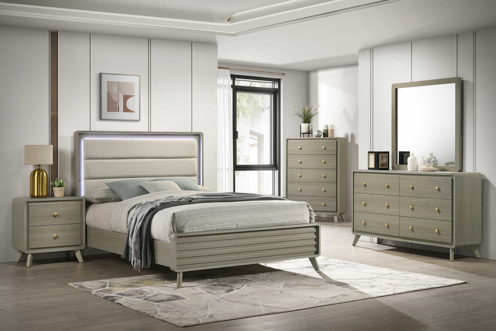 Contemporary Gray Bed with LED Wood Panel Headboard