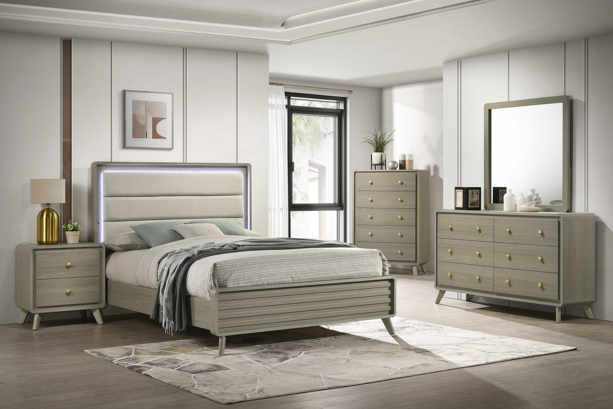 Contemporary Gray Bed with LED Wood Panel Headboard