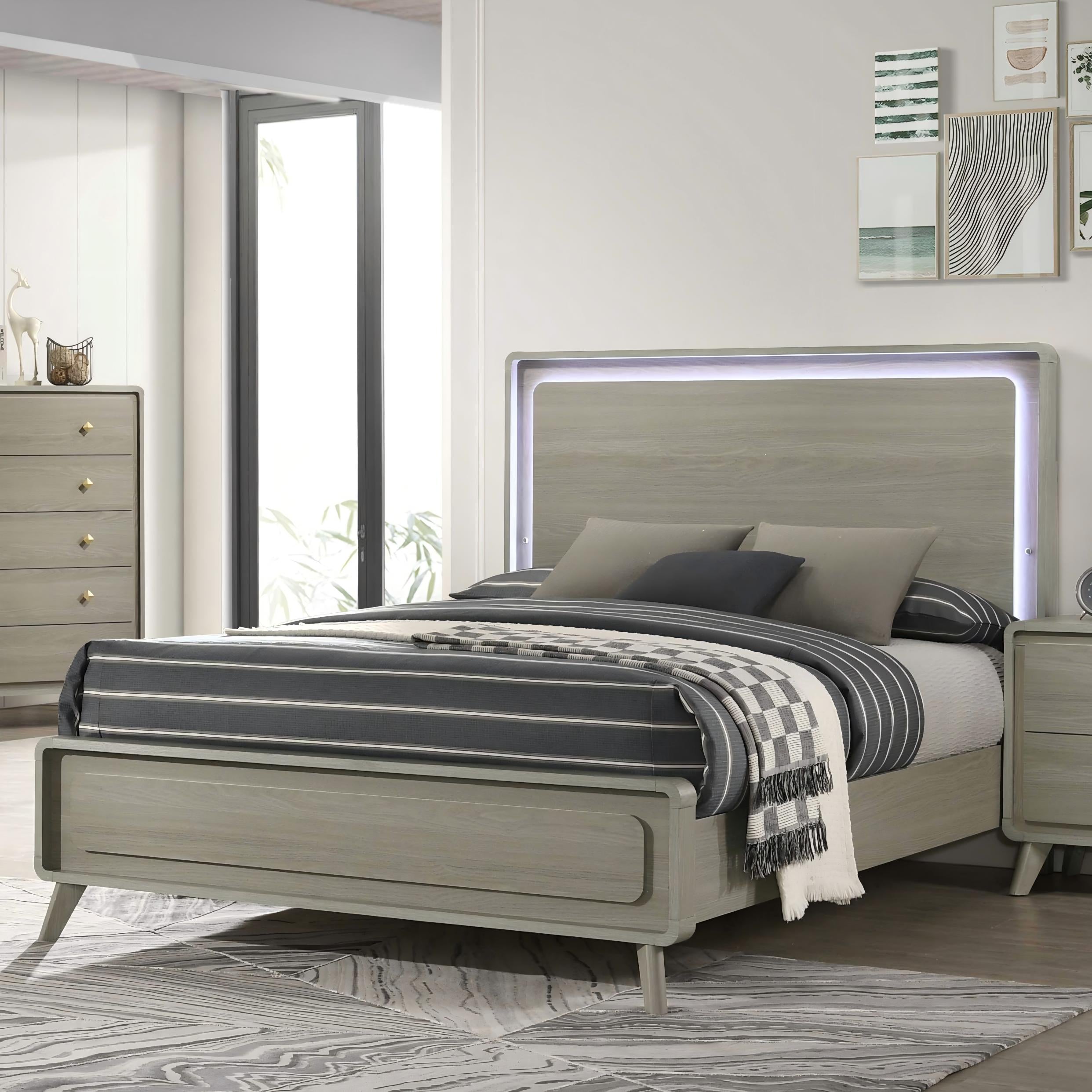 Contemporary Gray Bed with LED Wood Panel Headboard