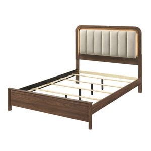 Mid-Century Modern Walnut Platform Bed with Upholstered LED Headboard & Rounded Edges